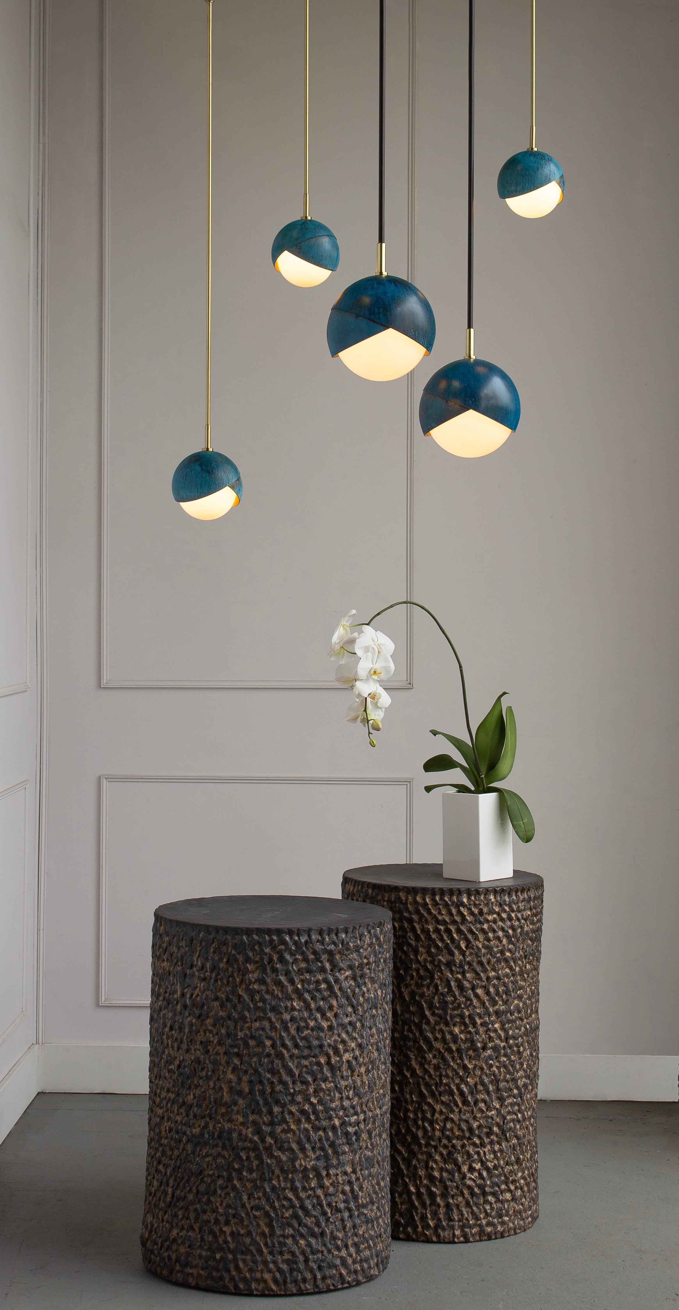 Benedict Pendant Light, Prussian Blue, Satin Brass Details, 9in diameter  In New Condition For Sale In Brooklyn, NY