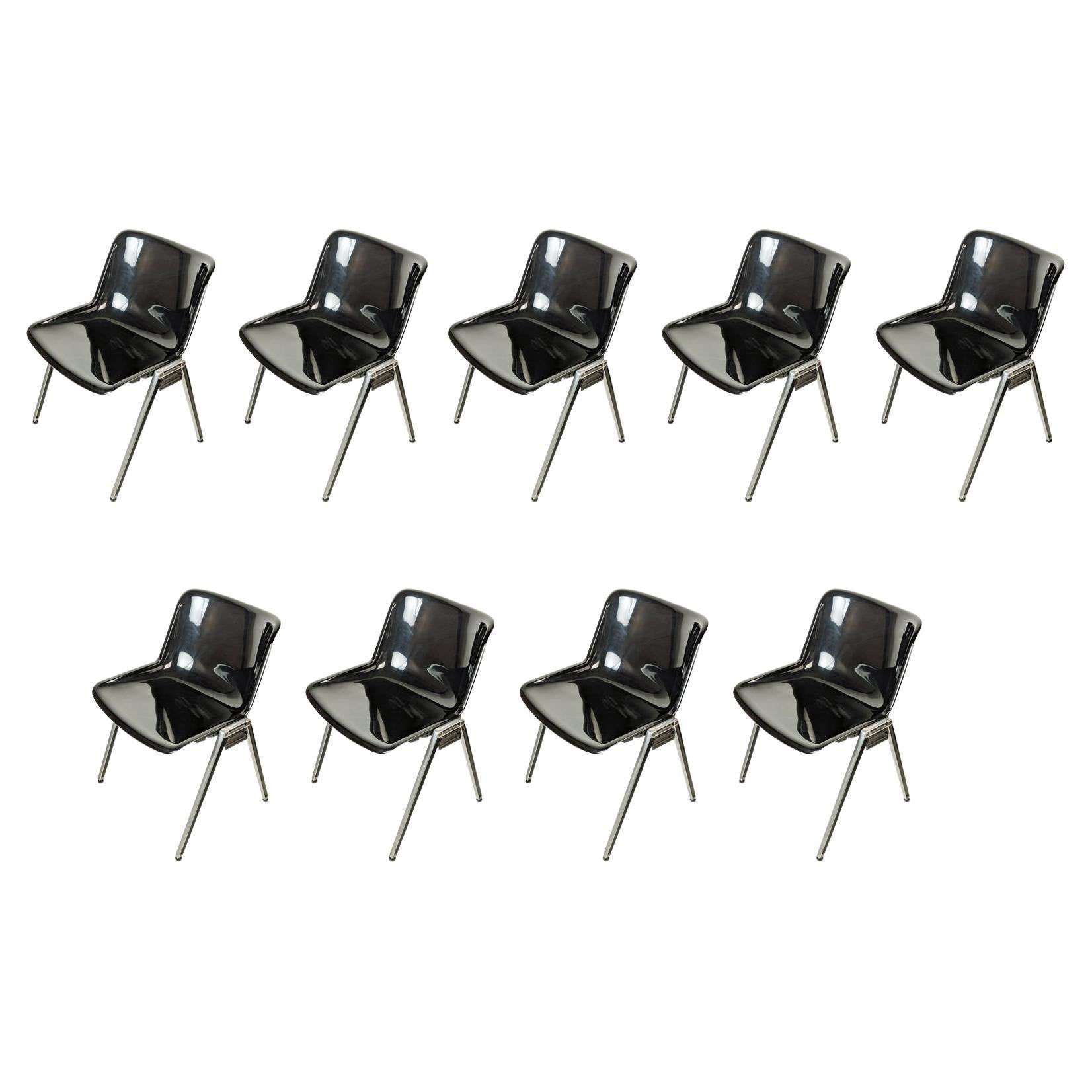 9 Black plastic & Aluminum 1970s MODUS stackable chairs by Borsani for Tecno