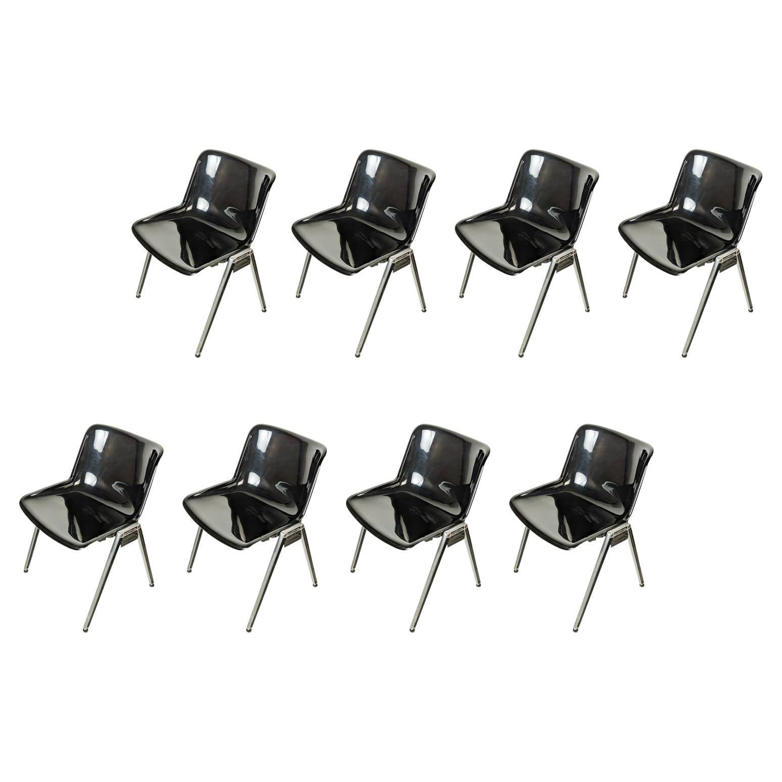 8 Black plastic & Aluminum 1970s MODUS stackable chairs by Borsani for Tecno For Sale