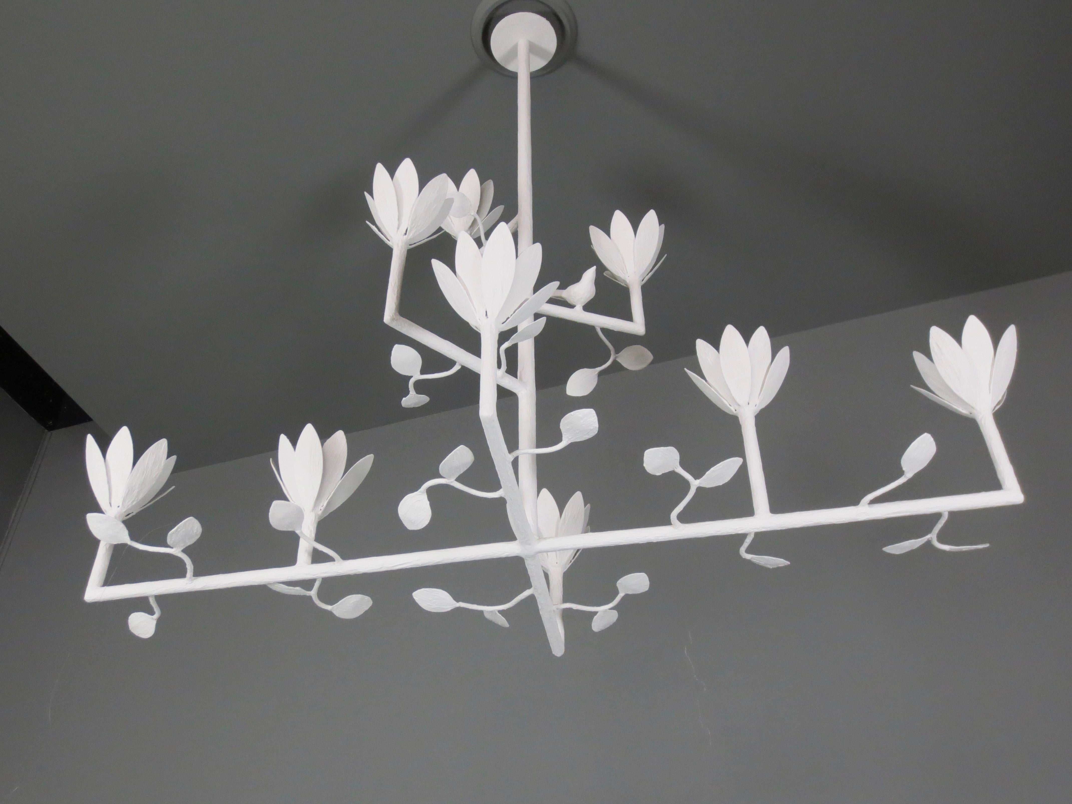 Contemporary 9 Bloom Cross Bar Plaster Chandelier with a Bird and Leaves For Sale