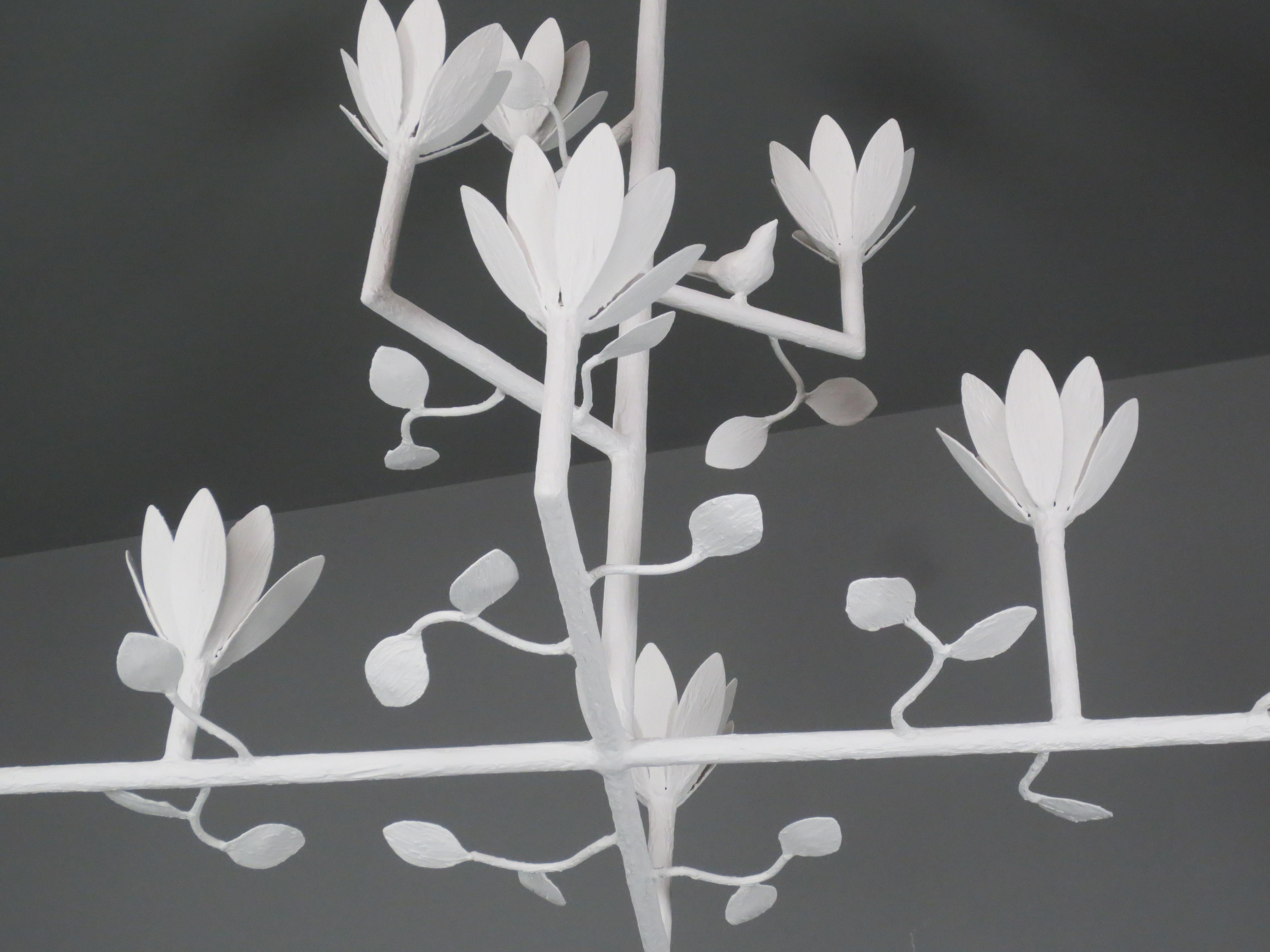 Metal 9 Bloom Cross Bar Plaster Chandelier with a Bird and Leaves For Sale