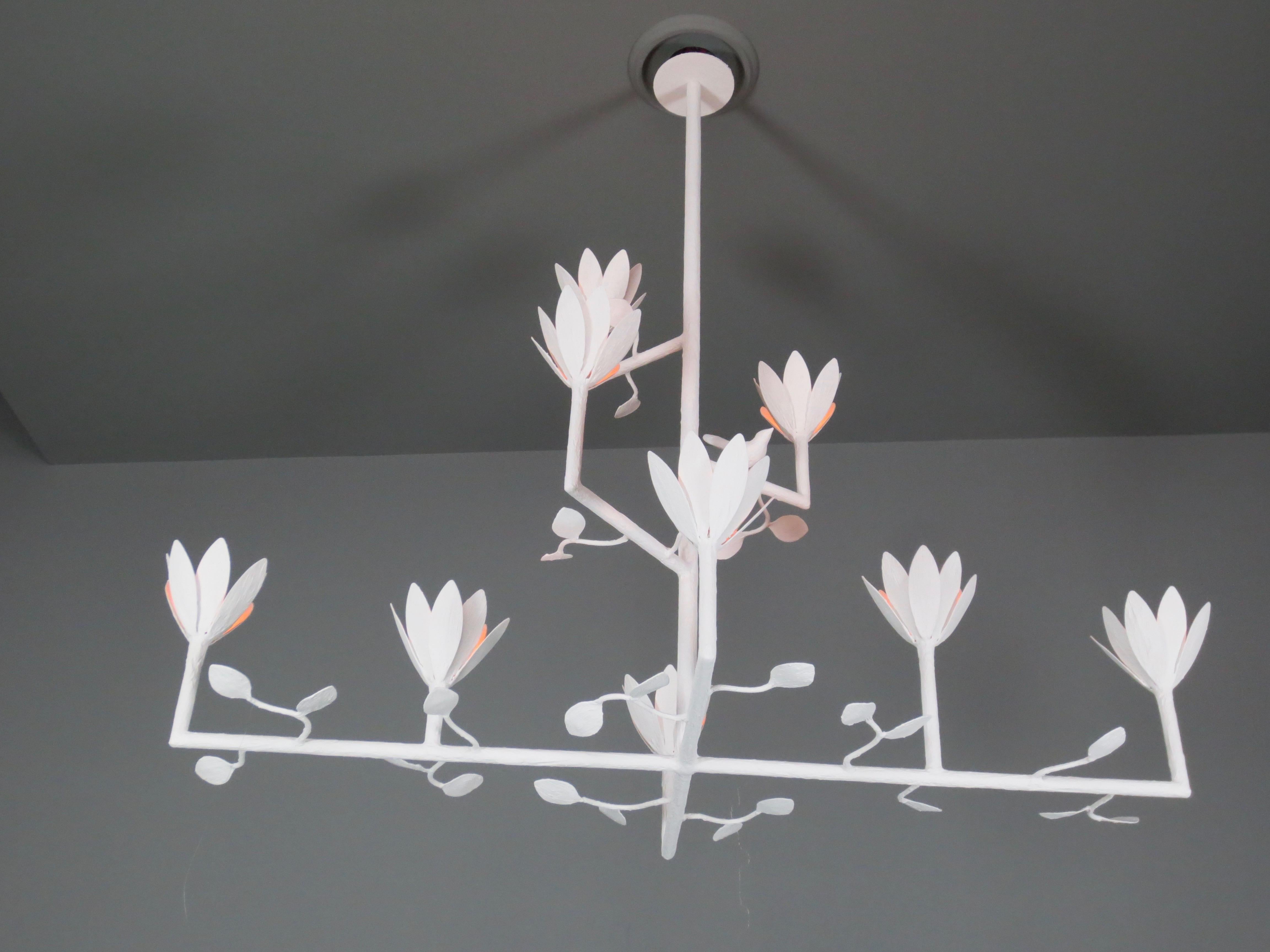 9 Bloom Cross Bar Plaster Chandelier with a Bird and Leaves For Sale 1