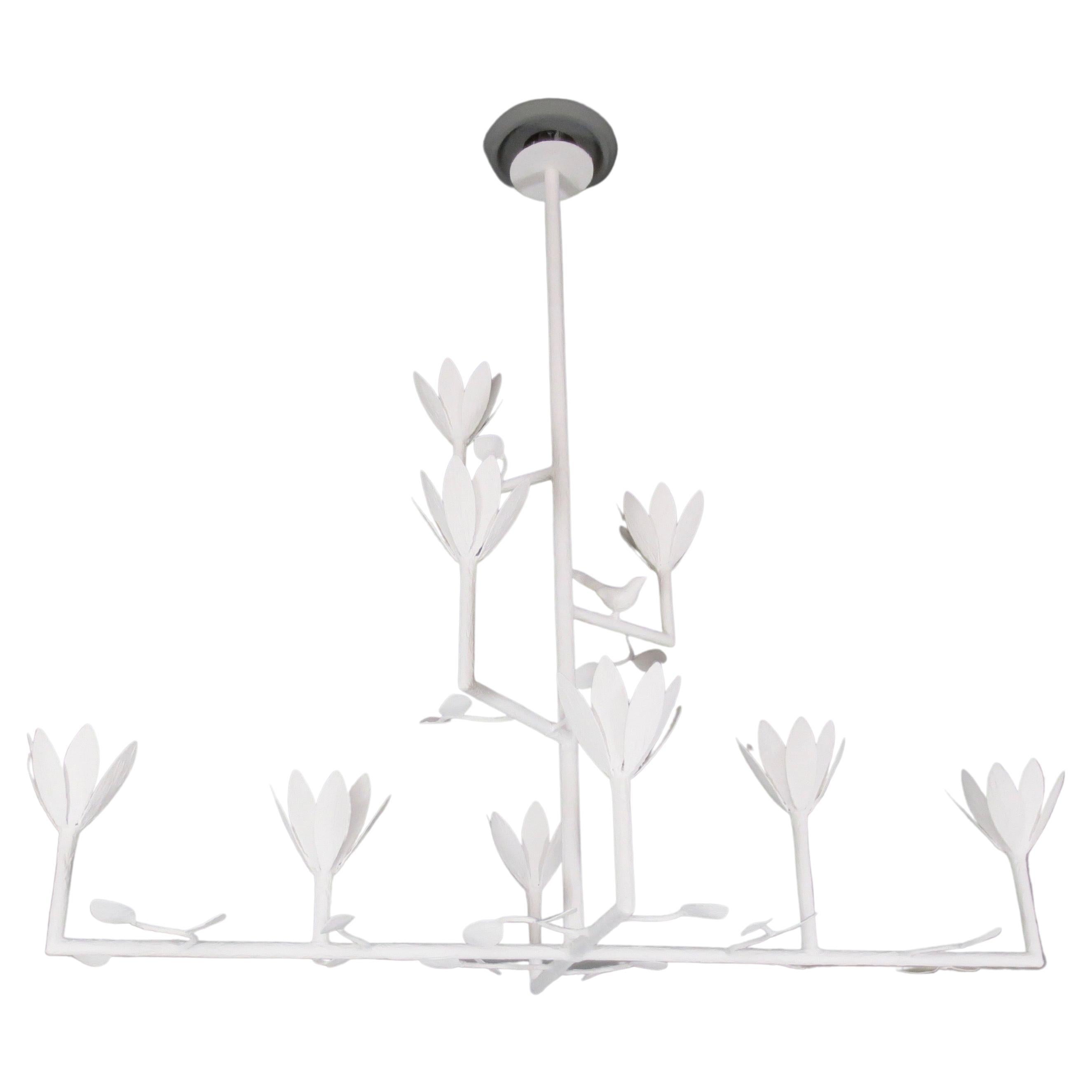 9 Bloom Cross Bar Plaster Chandelier with a Bird and Leaves For Sale