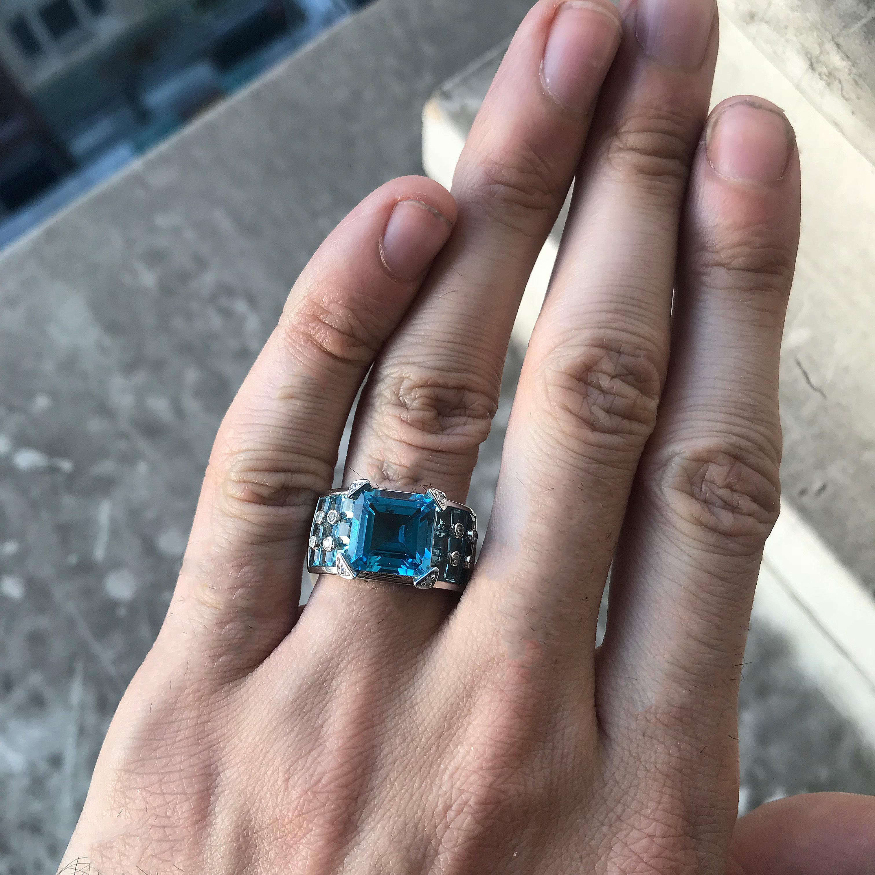 Modern 9 Carat Approximate Sq Emerald Blue Topaz and Diamond Ring, Ben Dannie For Sale