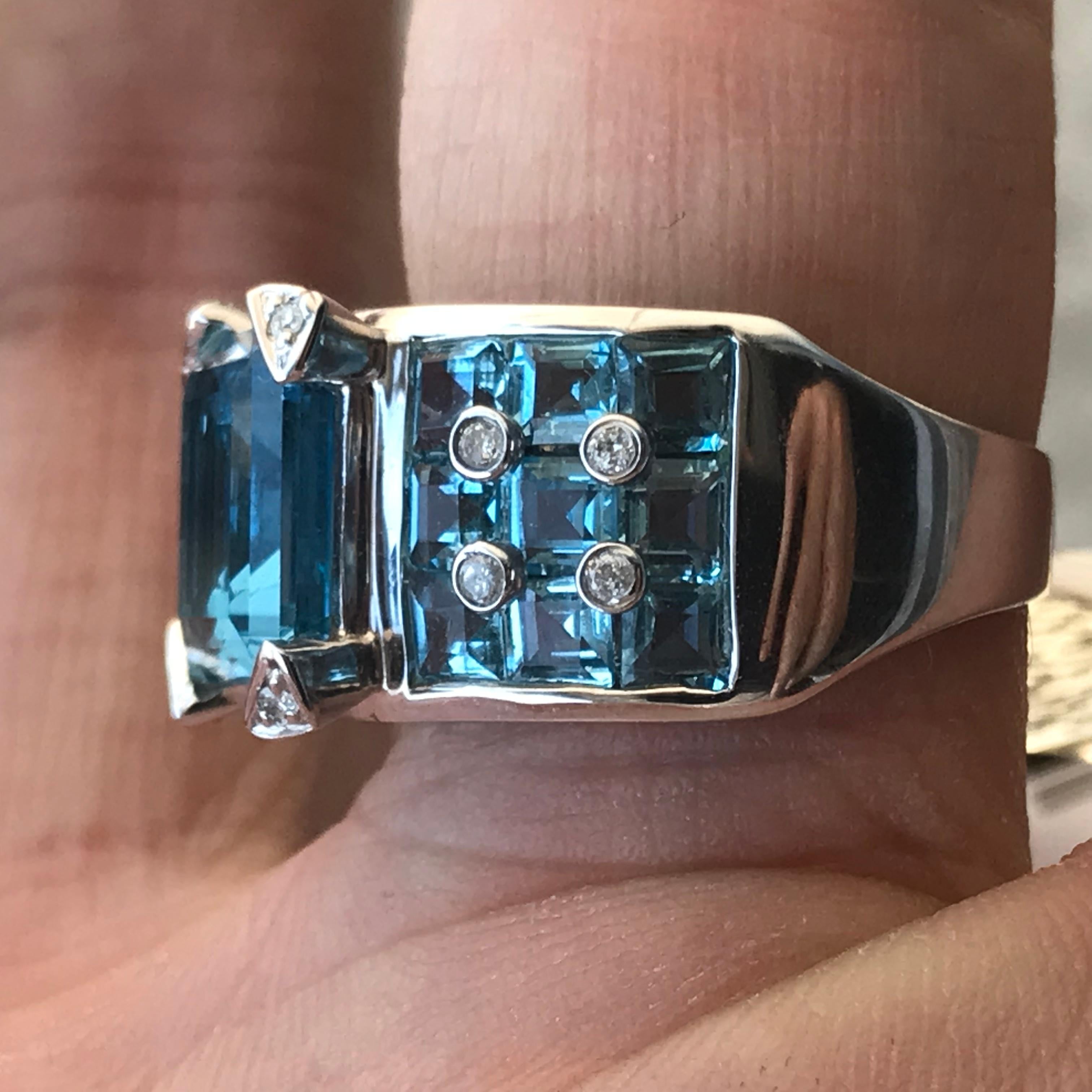 Emerald Cut 9 Carat Approximate Sq Emerald Blue Topaz and Diamond Ring, Ben Dannie For Sale