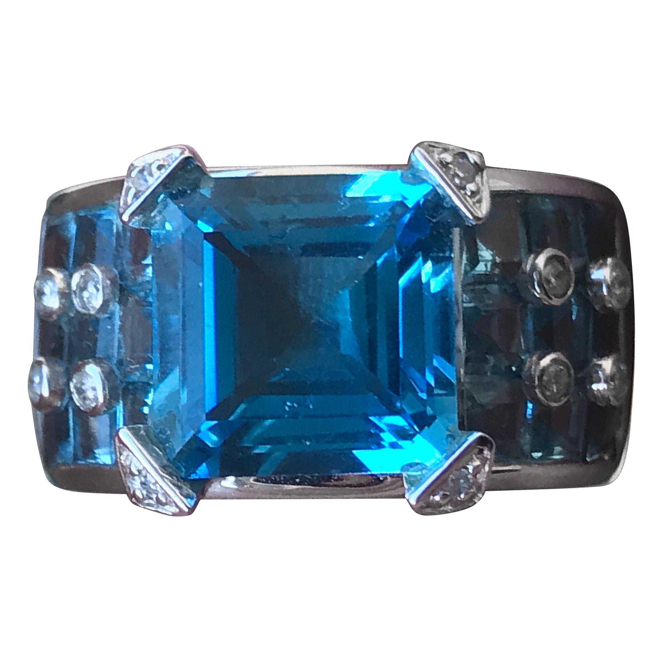 9 Carat Approximate Sq Emerald Blue Topaz and Diamond Ring, Ben Dannie For Sale