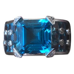 9 Carat Approximate Sq Emerald Blue Topaz and Diamond Ring, Ben Dannie