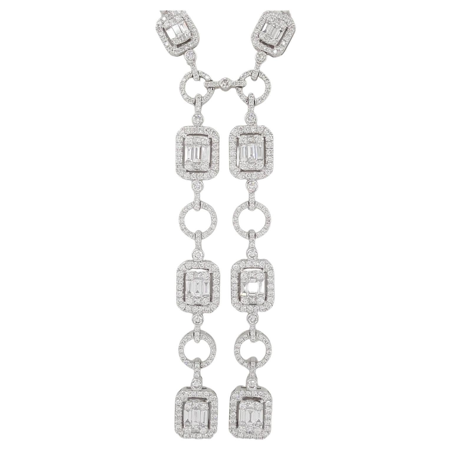Authentic 18K White Gold Unisex 9 ct Total Weight Round Brilliant, Baguette, & Princess Cut Diamonds Halo Drop/Dangle Lariat Necklace.

The necklace weighs 48.5 grams, 16.5
