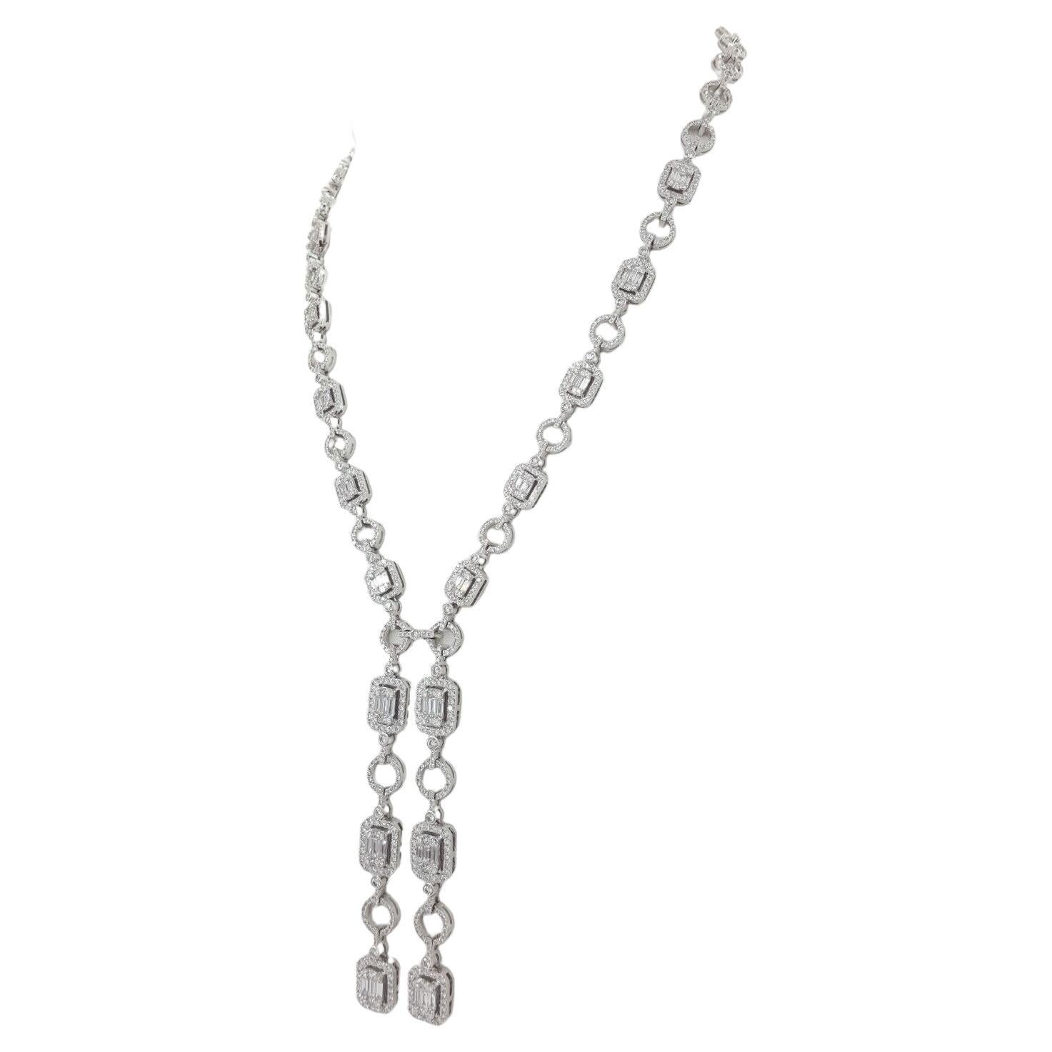 Taille ronde Collier lariat en forme de goutte avec diamants taille princesse taille baguette et diamants 9 carats en vente