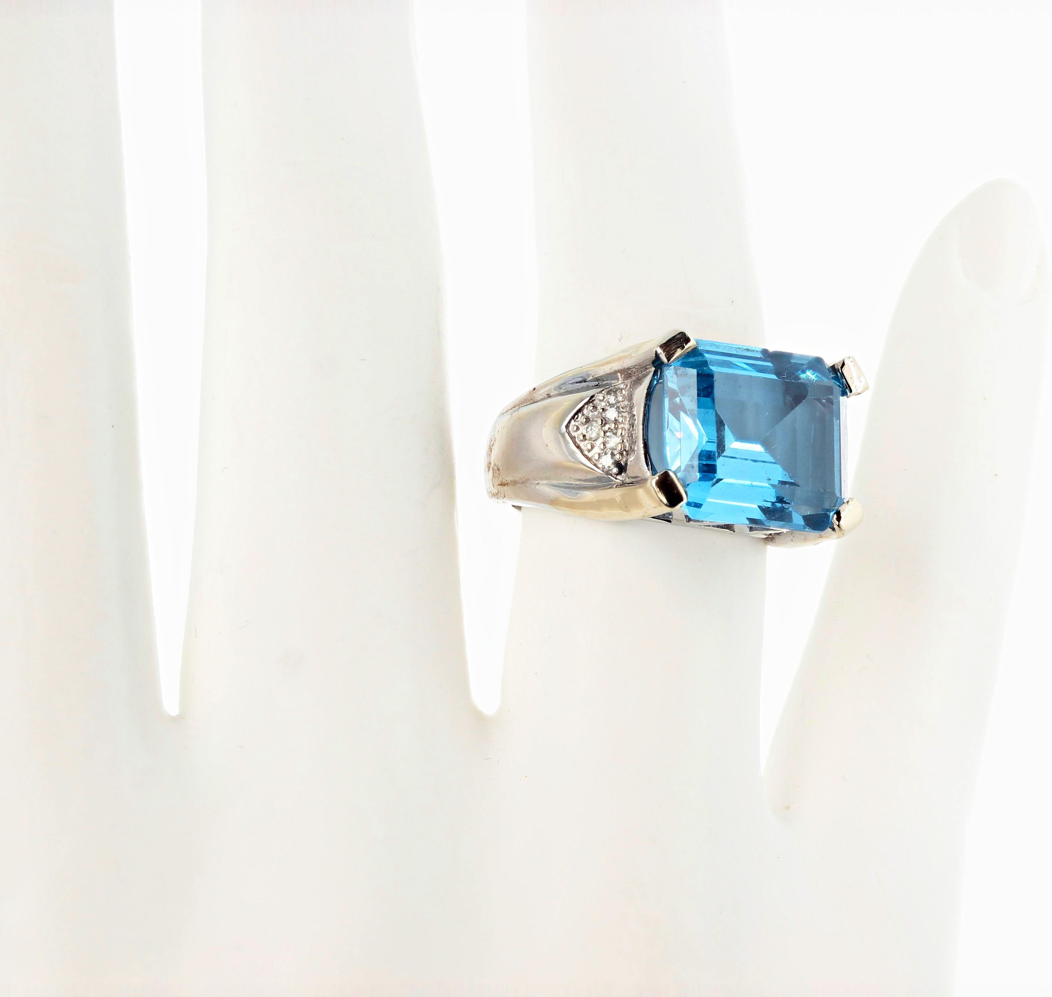AJD Dazzling Natural 9 Ct. Blue Topaz & Brilliant Diamond White Gold Ring In New Condition In Raleigh, NC