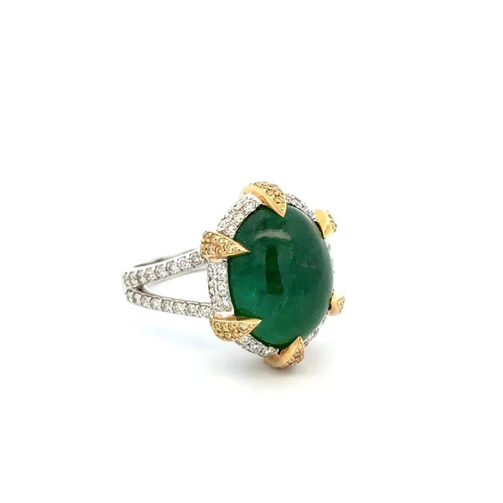 Simply Beautiful! Cabochon Emerald and Diamond 2-Tone Gold Vintage Cocktail Ring. Centering a 9 Carat Cabochon Emerald, surrounded by White and Yellow Diamonds, including on shank. Artistically Hand-crafted 18K White and Yellow Gold mounting. Ring