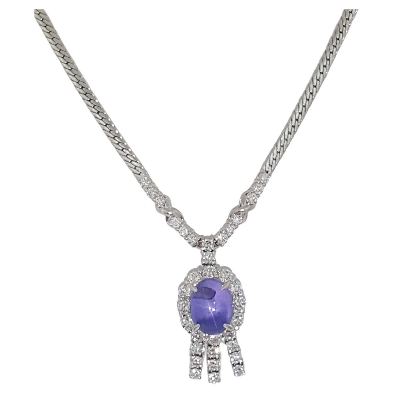 Women's or Men's  9 Carat Cabochon Star Sapphire with 2 Ct. Round Brilliant Cut Diamond Necklace For Sale