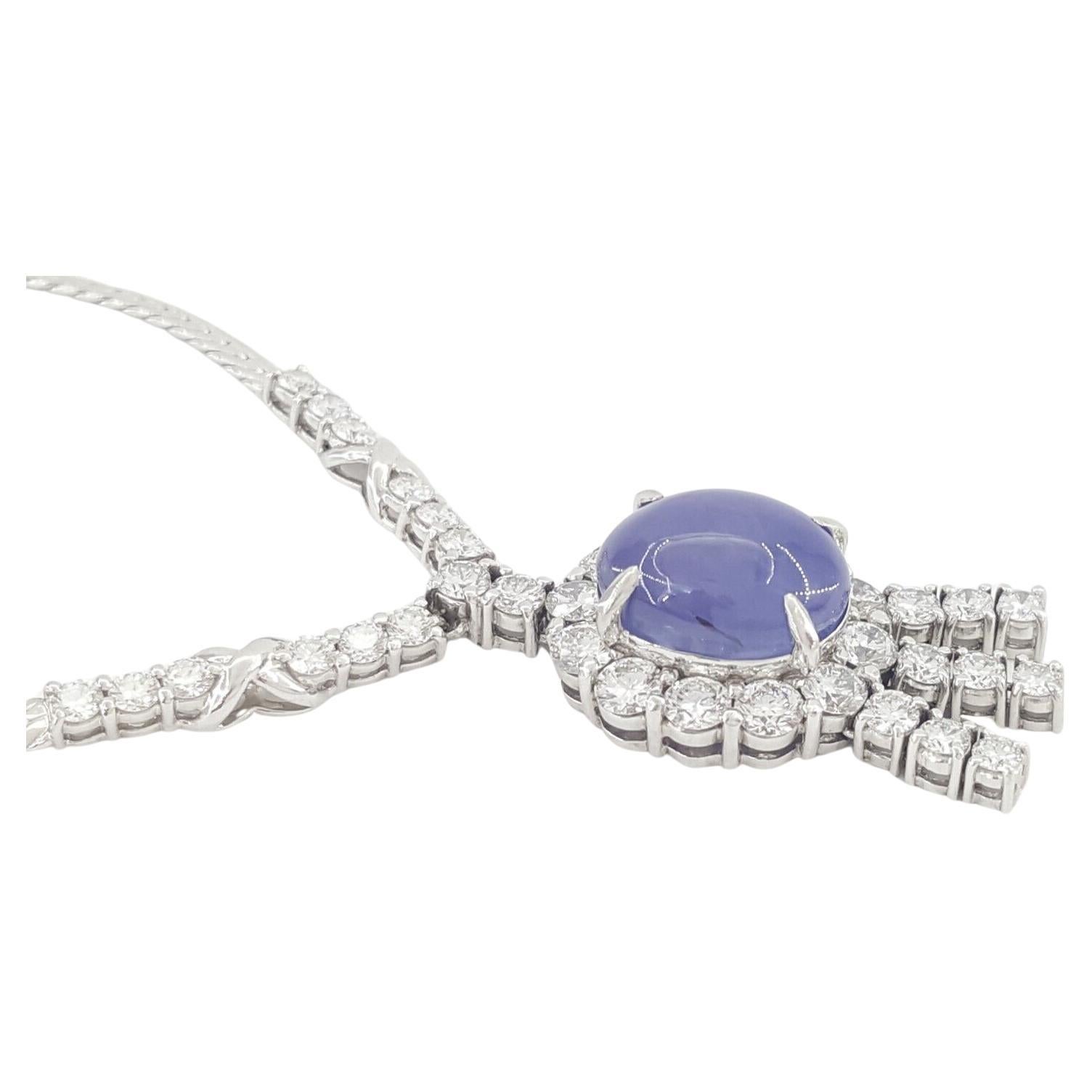This is a beautiful  9.14 ct Cabochons Cut Blue Oval Star Sapphire & 2.23 ct Round Brilliant Cut Diamond & Halo Line Necklace 16.5