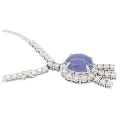 9 Carat Cabochon Star Sapphire with 2 Ct. Round Brilliant Cut Diamond Necklace