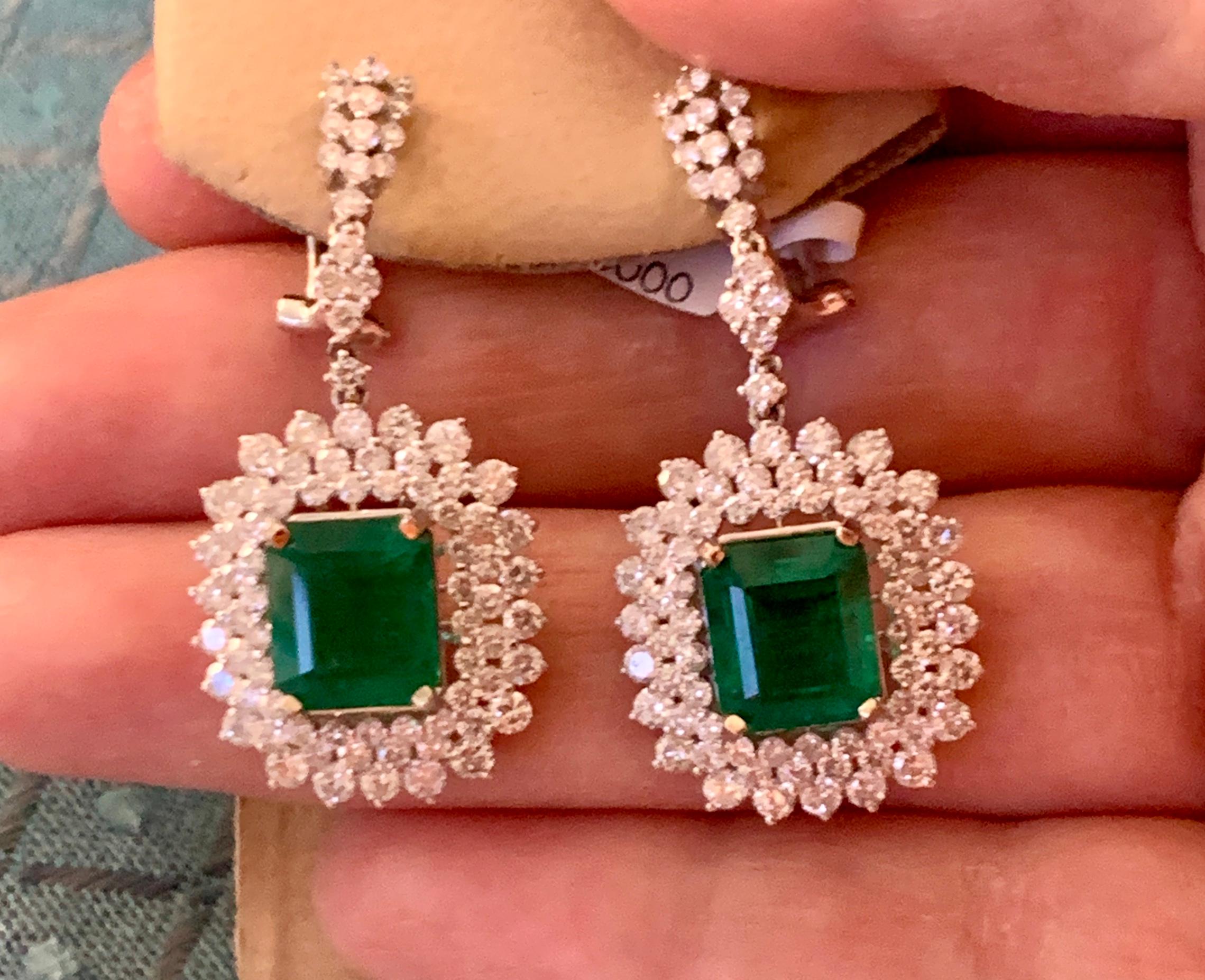 Women's 9 Carat Colombian Emerald Cut Emerald Diamond Hanging/Drop Earrings 18Karat Gold