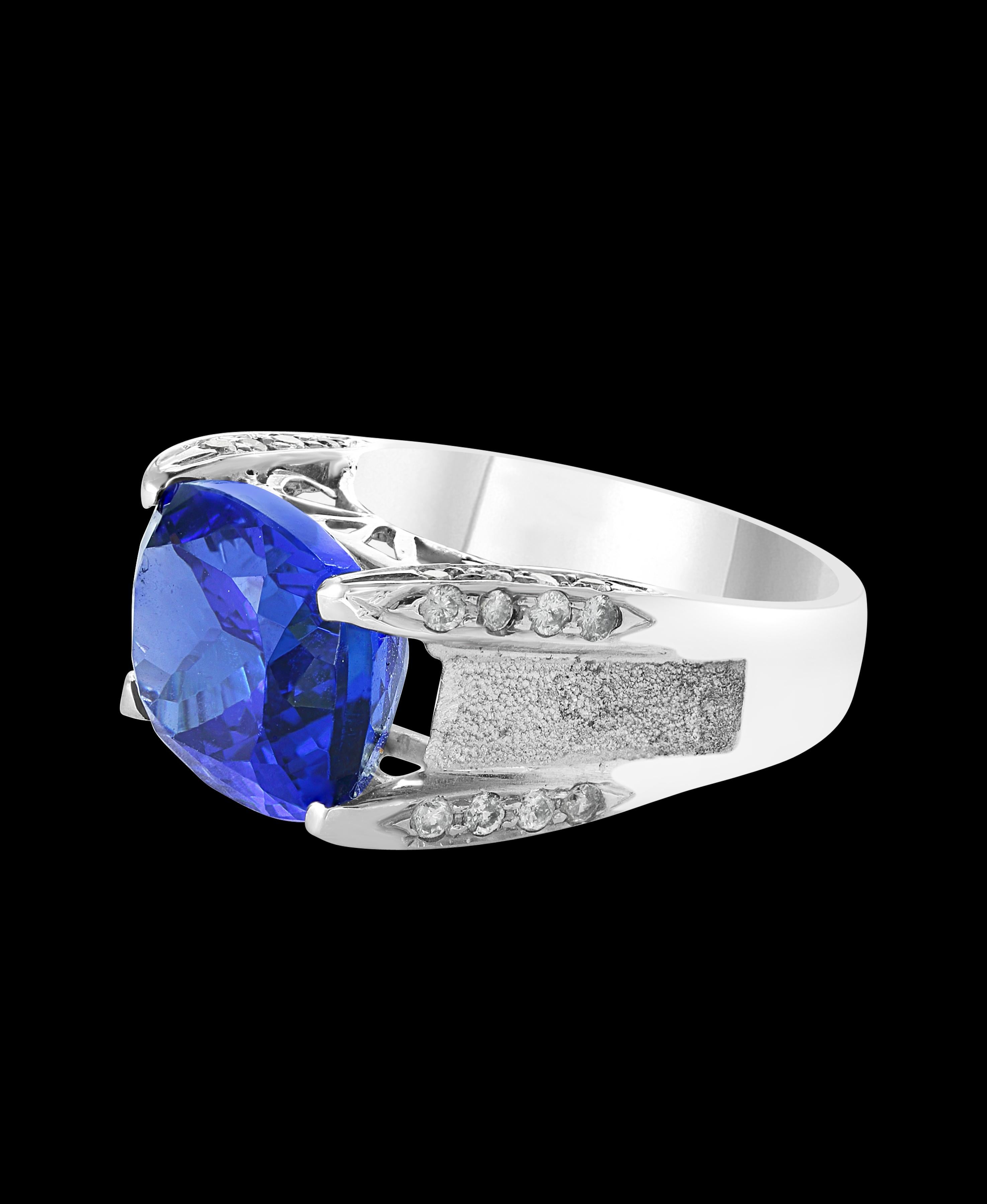 This extraordinary, 9.3 carat tanzanite is truly an extraordinary gemstone. There are  total  of 0.65 carats of shimmering white diamonds, this brilliant cushion-cut gem exhibits the rich violetish-blue color for which these stones are known and so