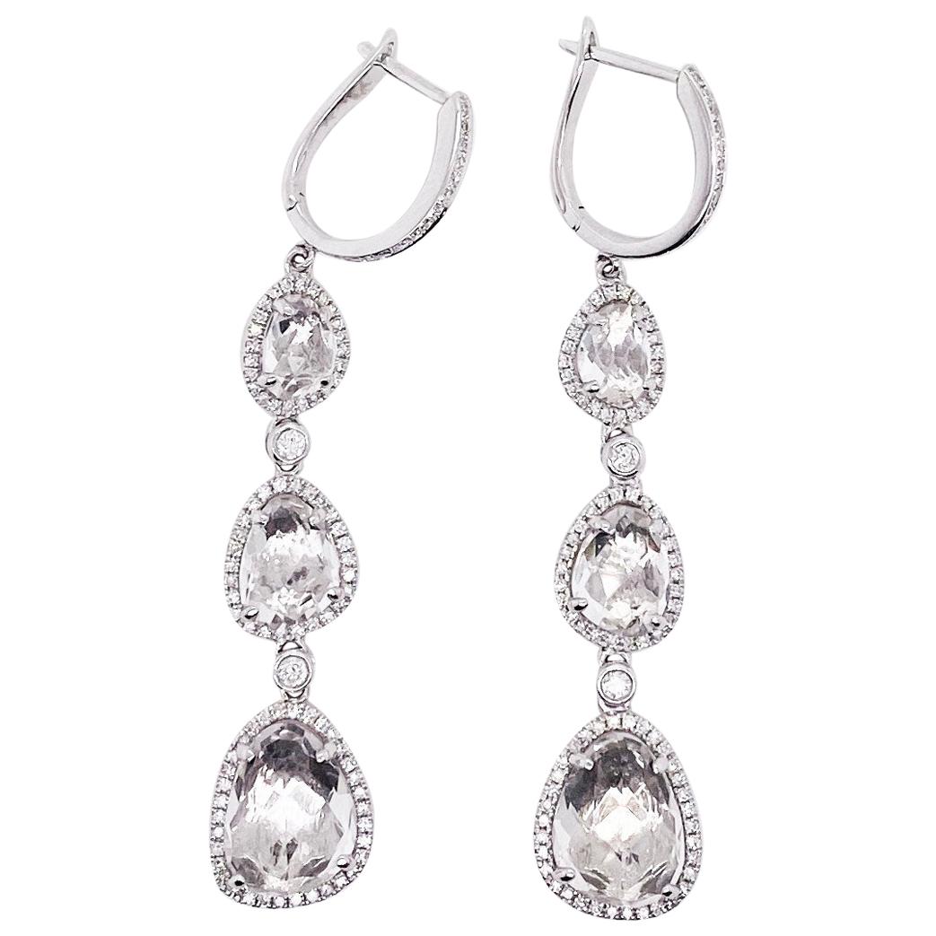 9 Carat Diamonds w White Topaz Dangle Earrings, Drop Earrings in 14 Karat Gold