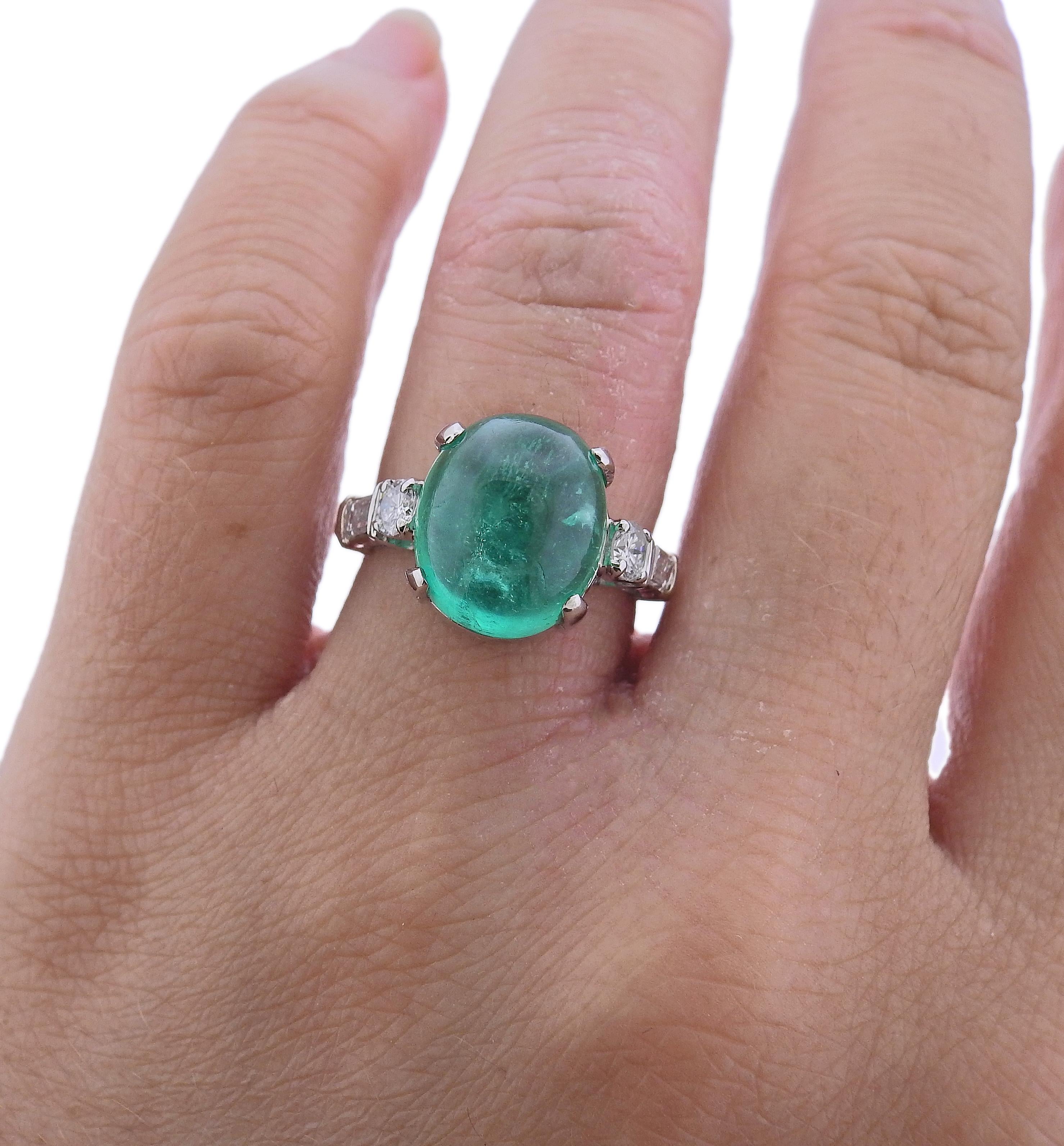 9 Carat Emerald Cabochon Platinum Diamond Ring For Sale 1