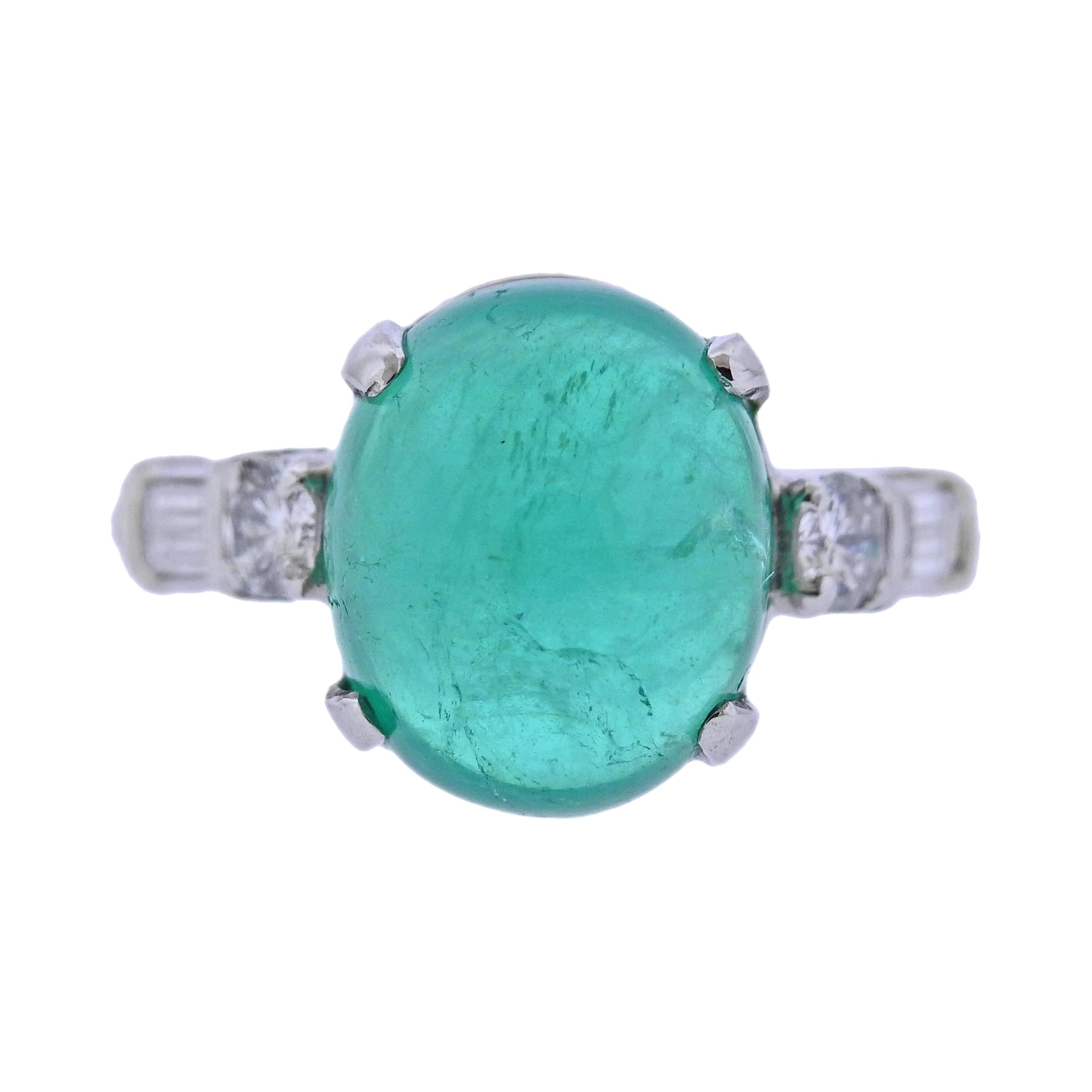 9 Carat Emerald Cabochon Platinum Diamond Ring For Sale
