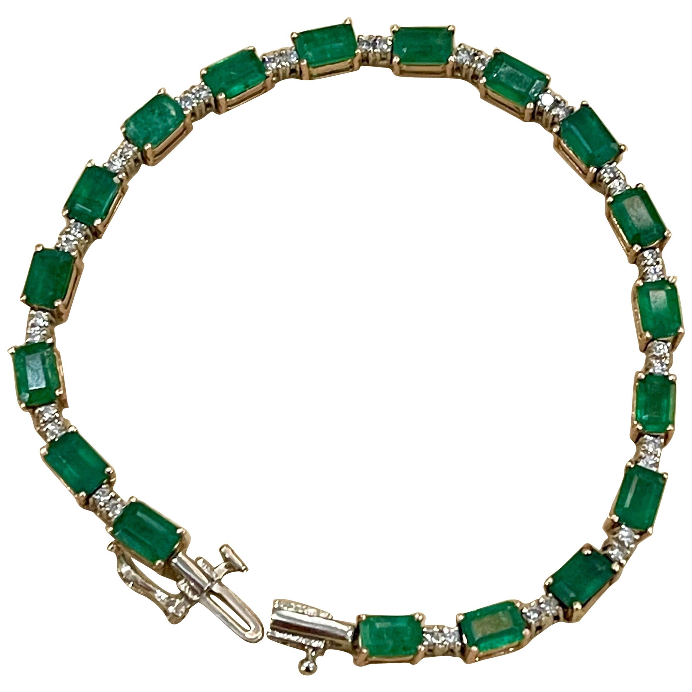 9 Carat Emerald Cut Emerald and Diamond Tennis Bracelet 14 Karat Yellow Gold