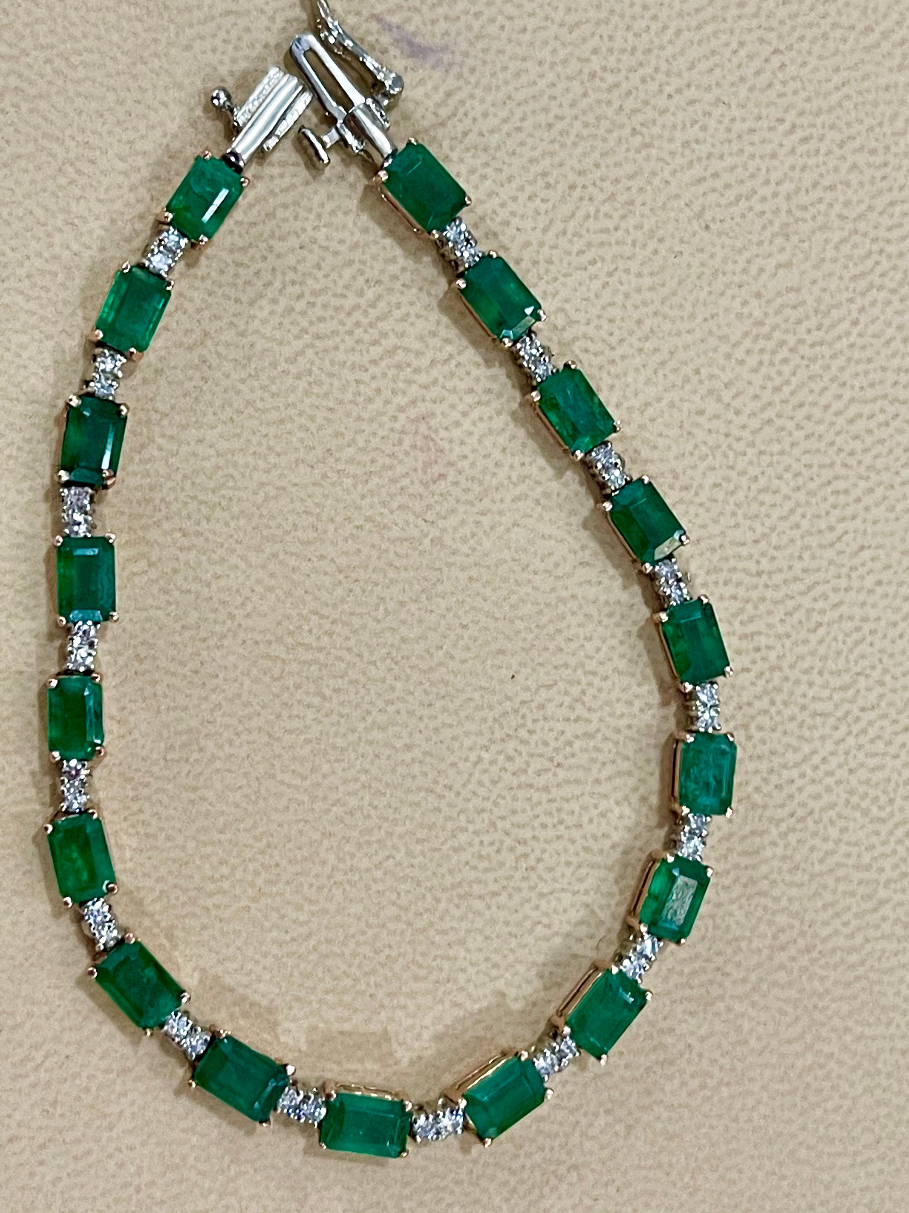 Women's 9 Carat Emerald Cut Emerald and Diamond Tennis Bracelet 14 Karat Yellow Gold