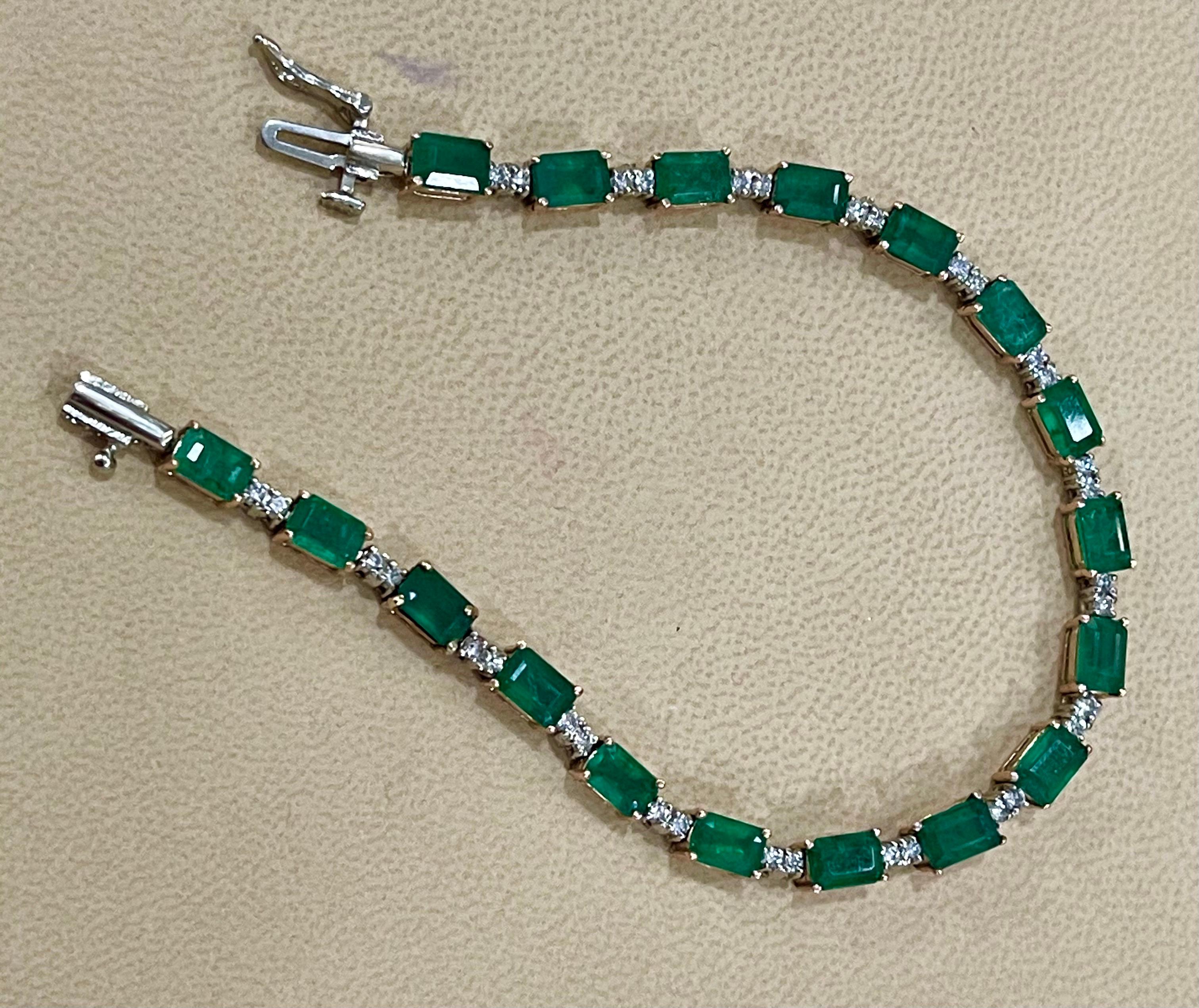 9 Carat Emerald Cut Emerald and Diamond Tennis Bracelet 14 Karat Yellow Gold 1