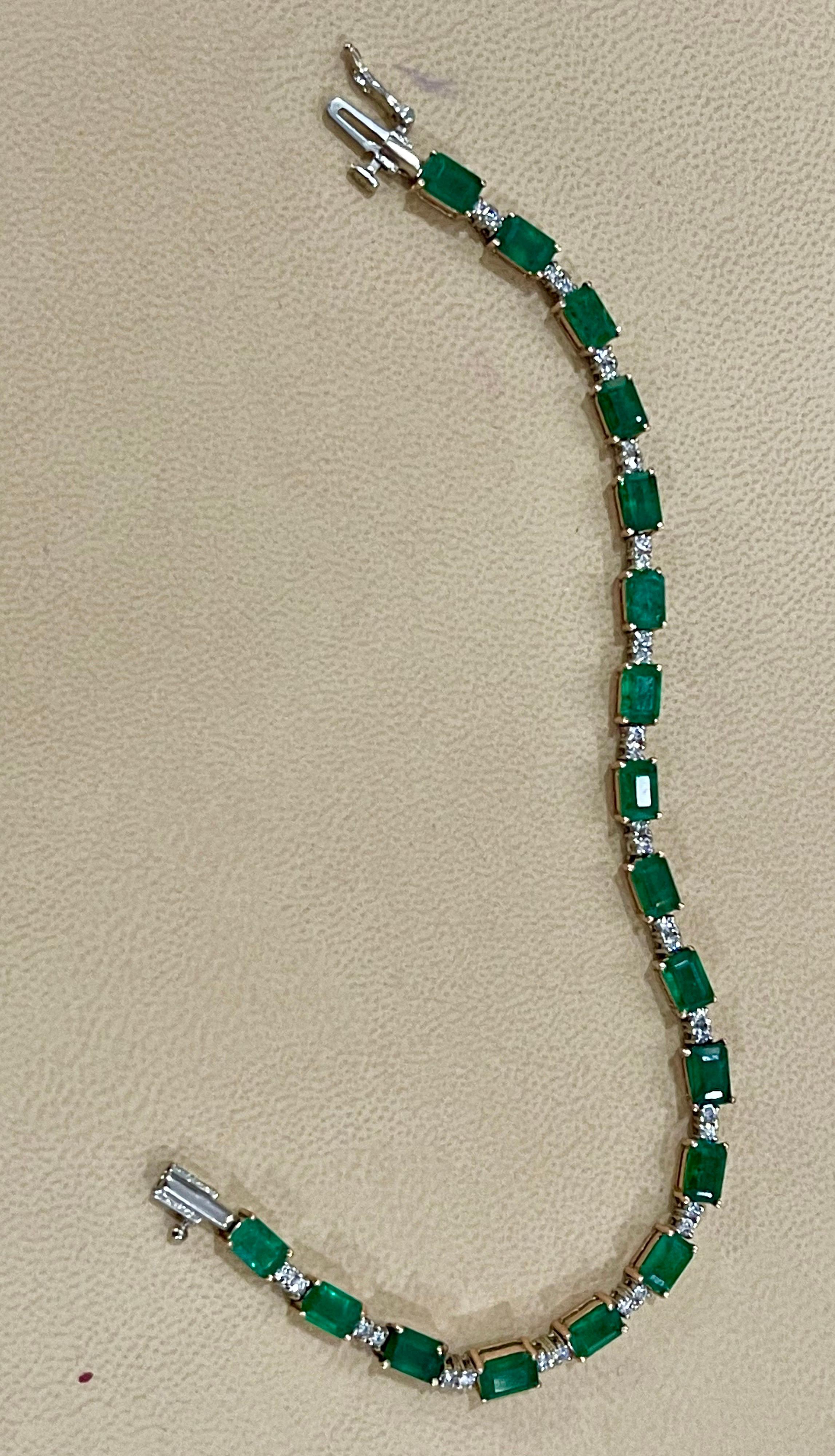 9 Carat Emerald Cut Emerald and Diamond Tennis Bracelet 14 Karat Yellow Gold 2