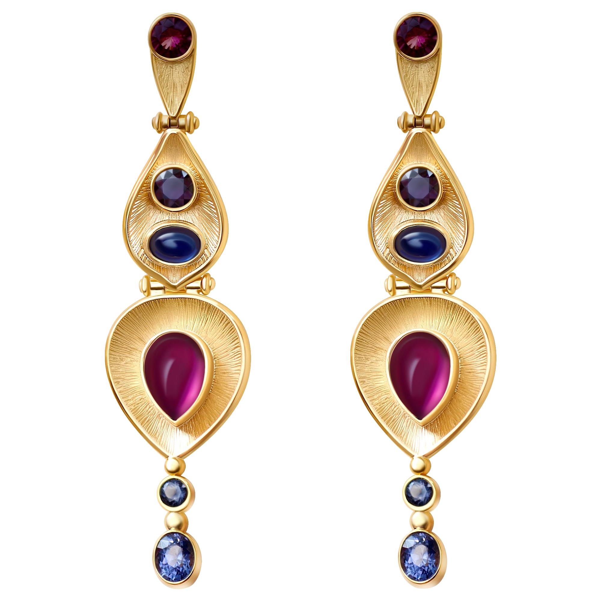 9 Carat Garnet Color Change Sapphire Spinel 18 Karat Yellow Gold Egypt Earrings For Sale