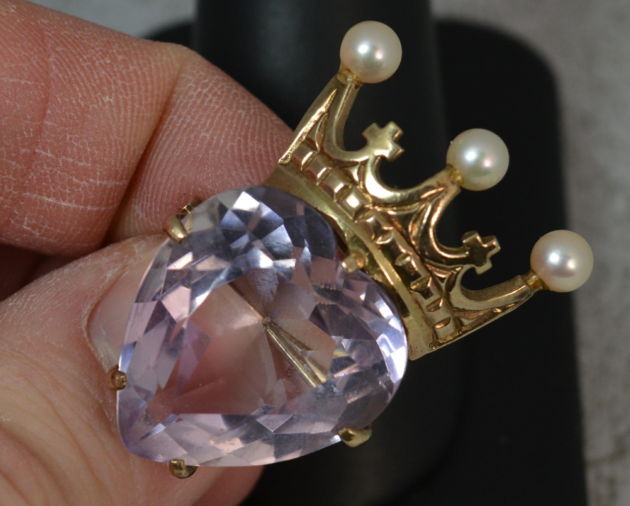 9 Carat Gold Amethyst and Pearl Heart and Crown Brooch 4