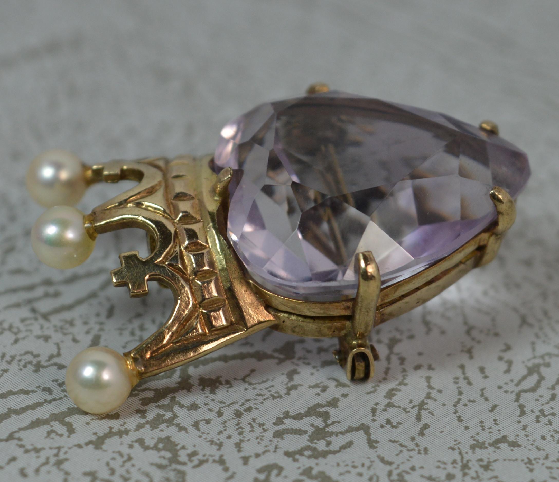 Victorian 9 Carat Gold Amethyst and Pearl Heart and Crown Brooch