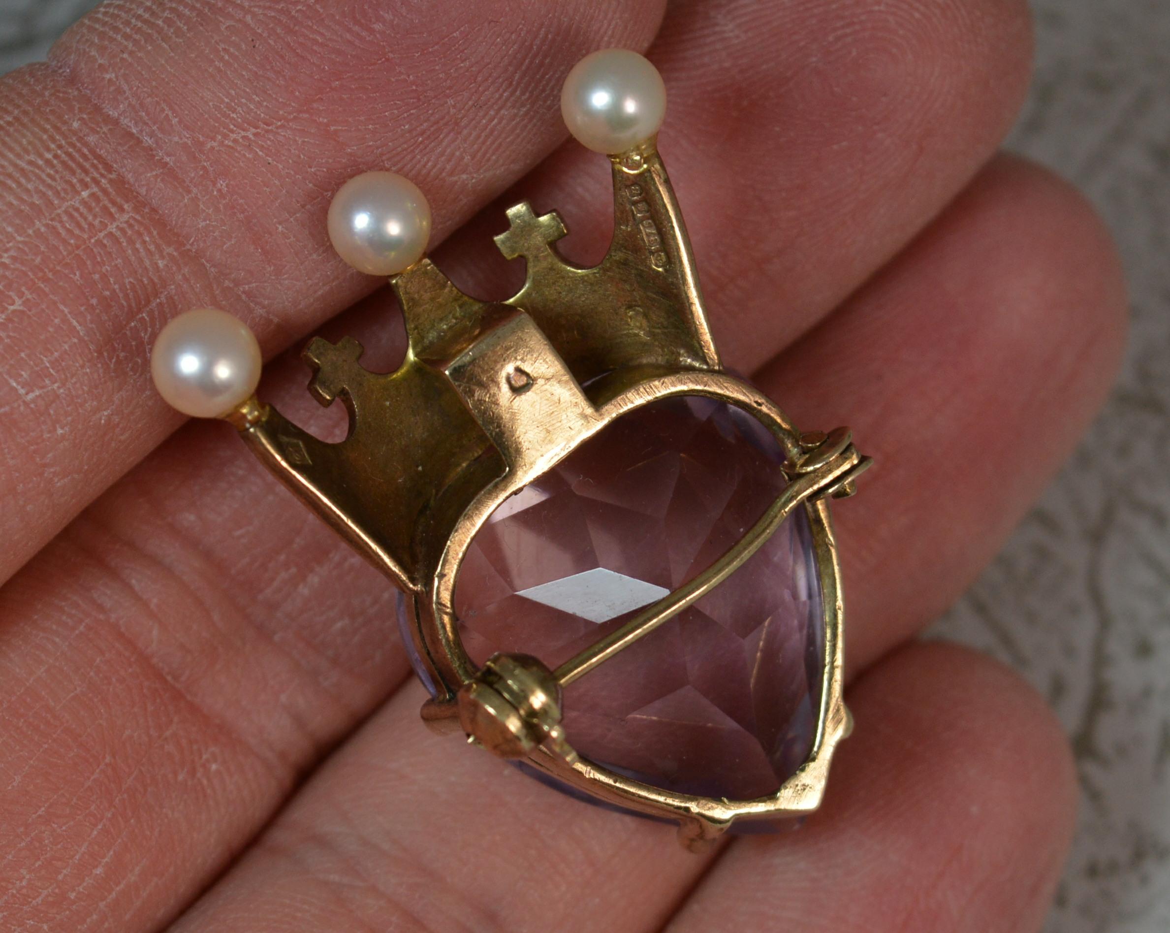 Women's 9 Carat Gold Amethyst and Pearl Heart and Crown Brooch