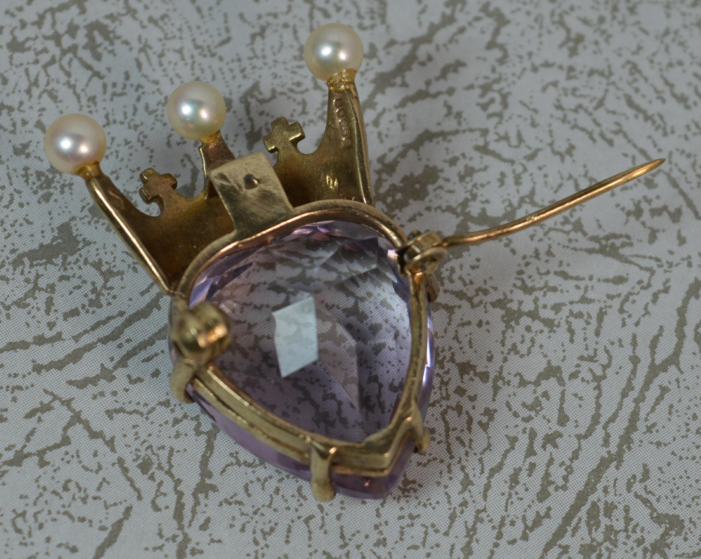 9 Carat Gold Amethyst and Pearl Heart and Crown Brooch 1