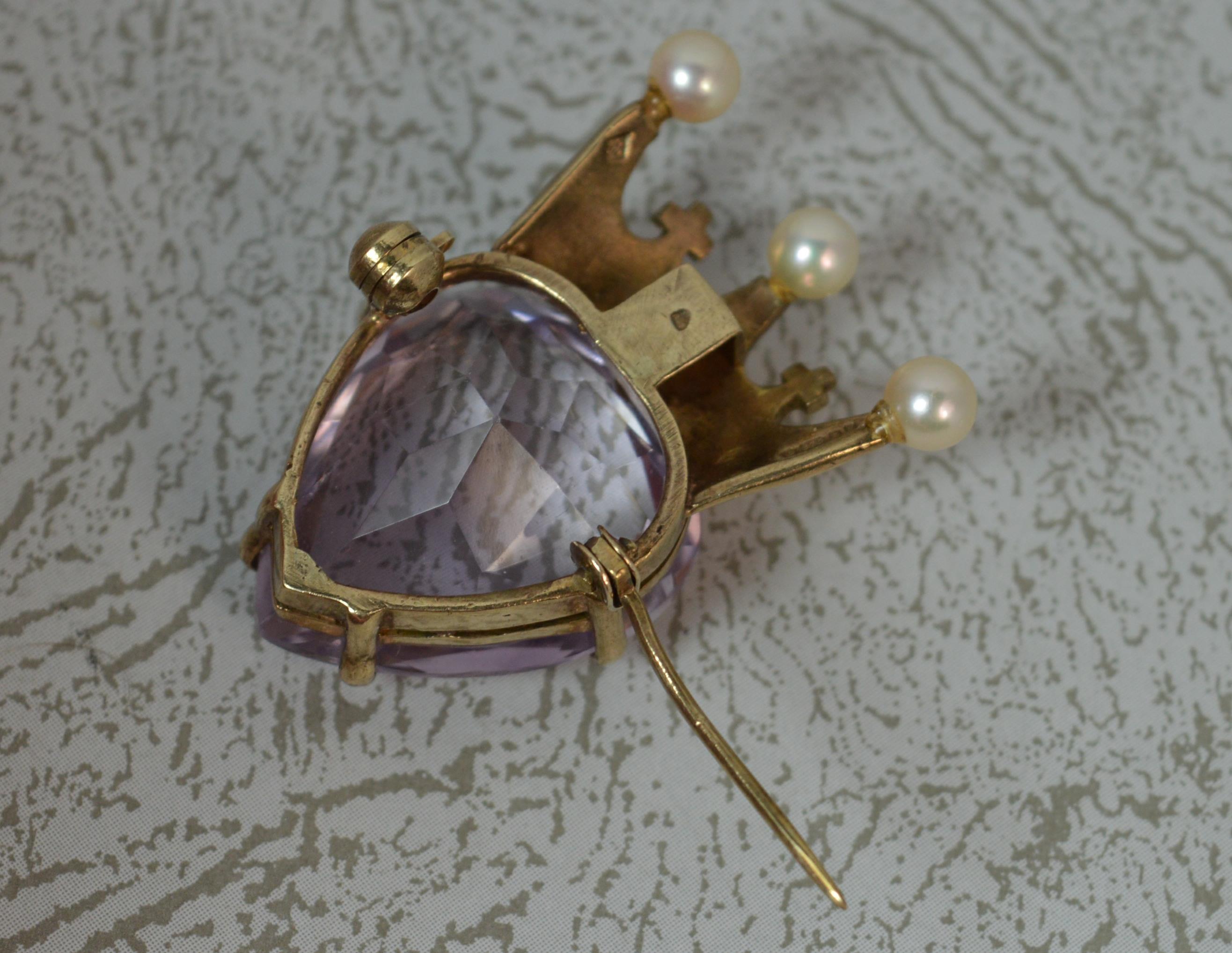 9 Carat Gold Amethyst and Pearl Heart and Crown Brooch 2