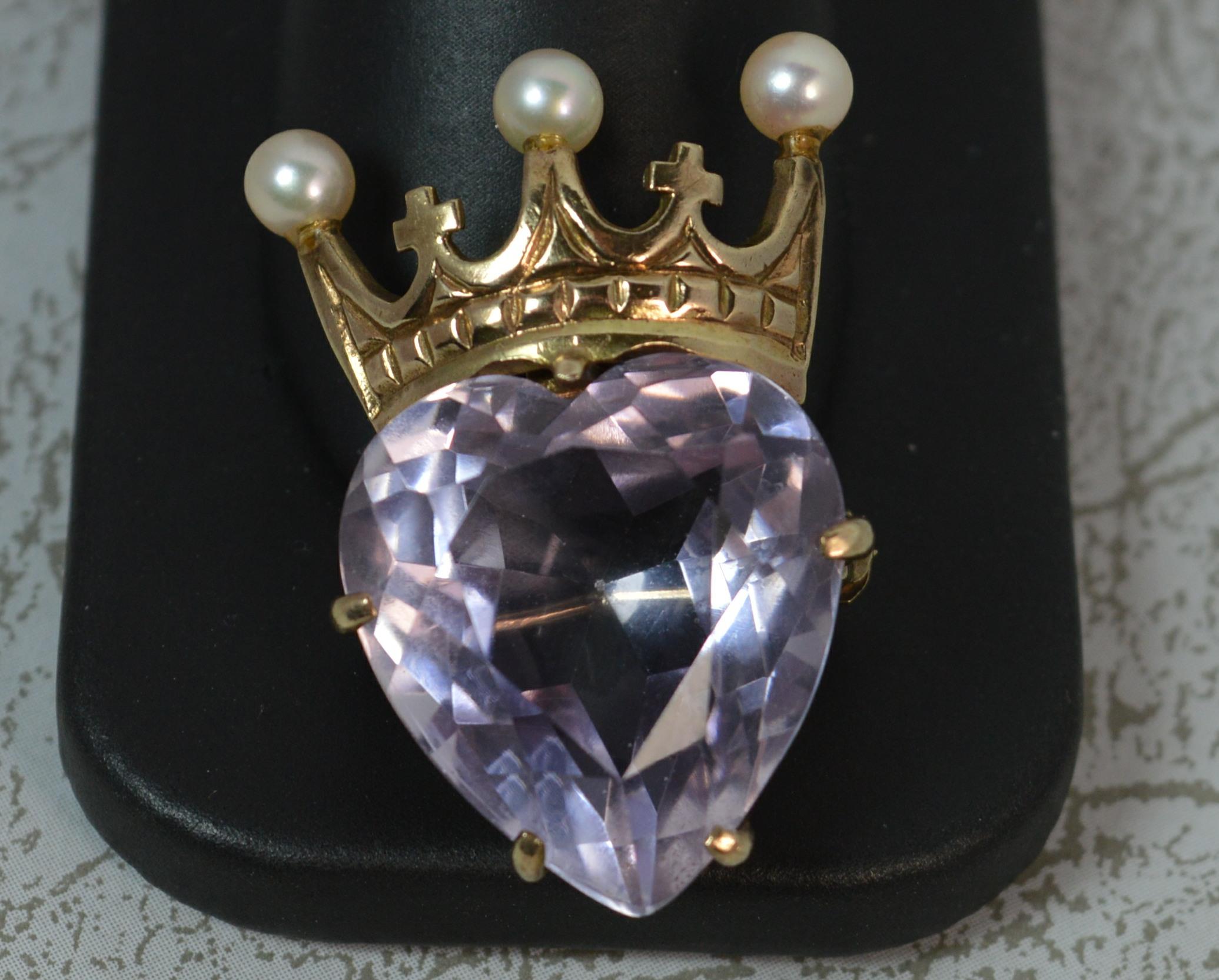9 Carat Gold Amethyst and Pearl Heart and Crown Brooch 3