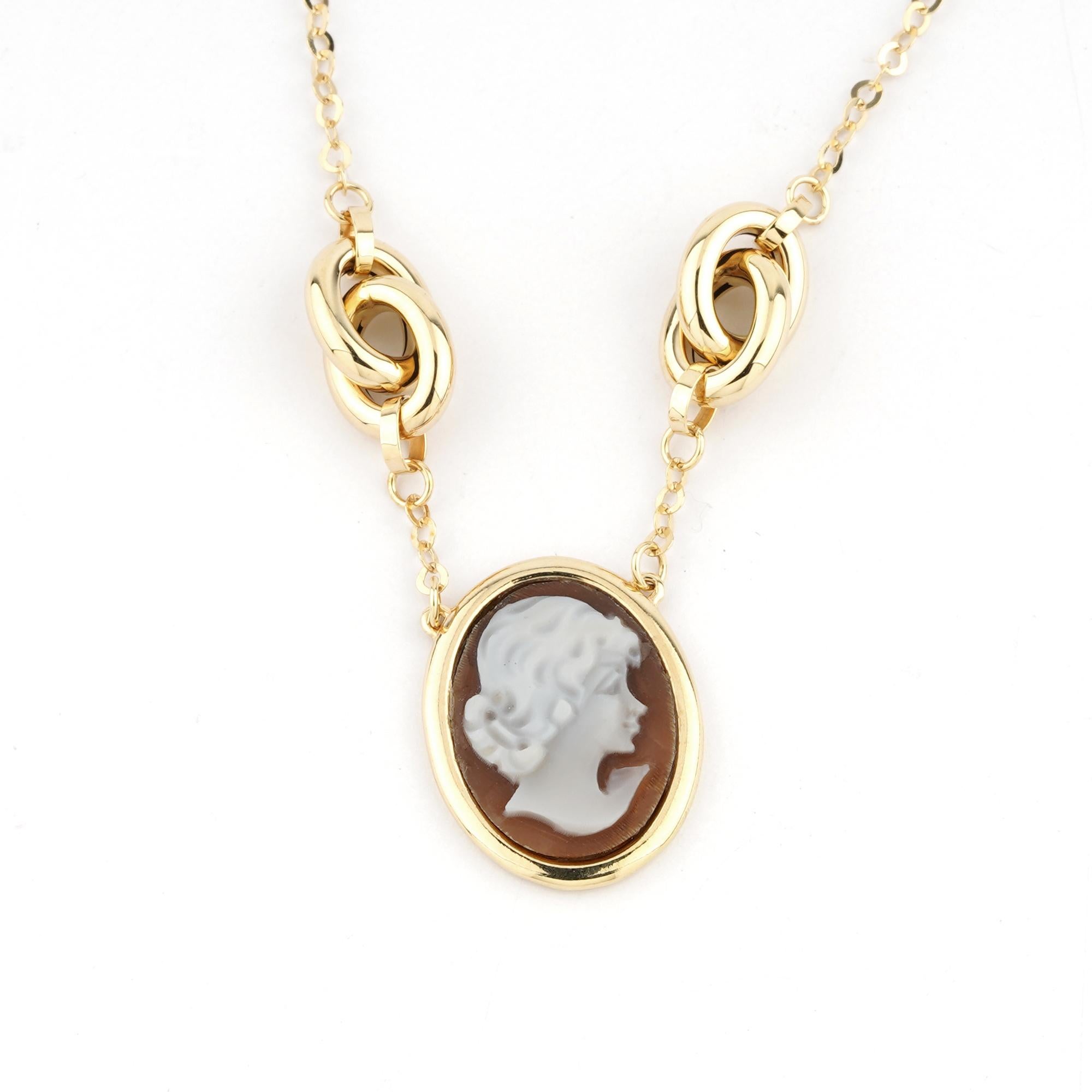 9 carat Gold beaded necklace with 16 mm Sea Shell Cameos. Fully handcarved Portrait on a sea shell cameo set in a 9ct Gold Beaded Necklace. Carvings are performed by our master artisans with generations of experience, all coming from Torre del
