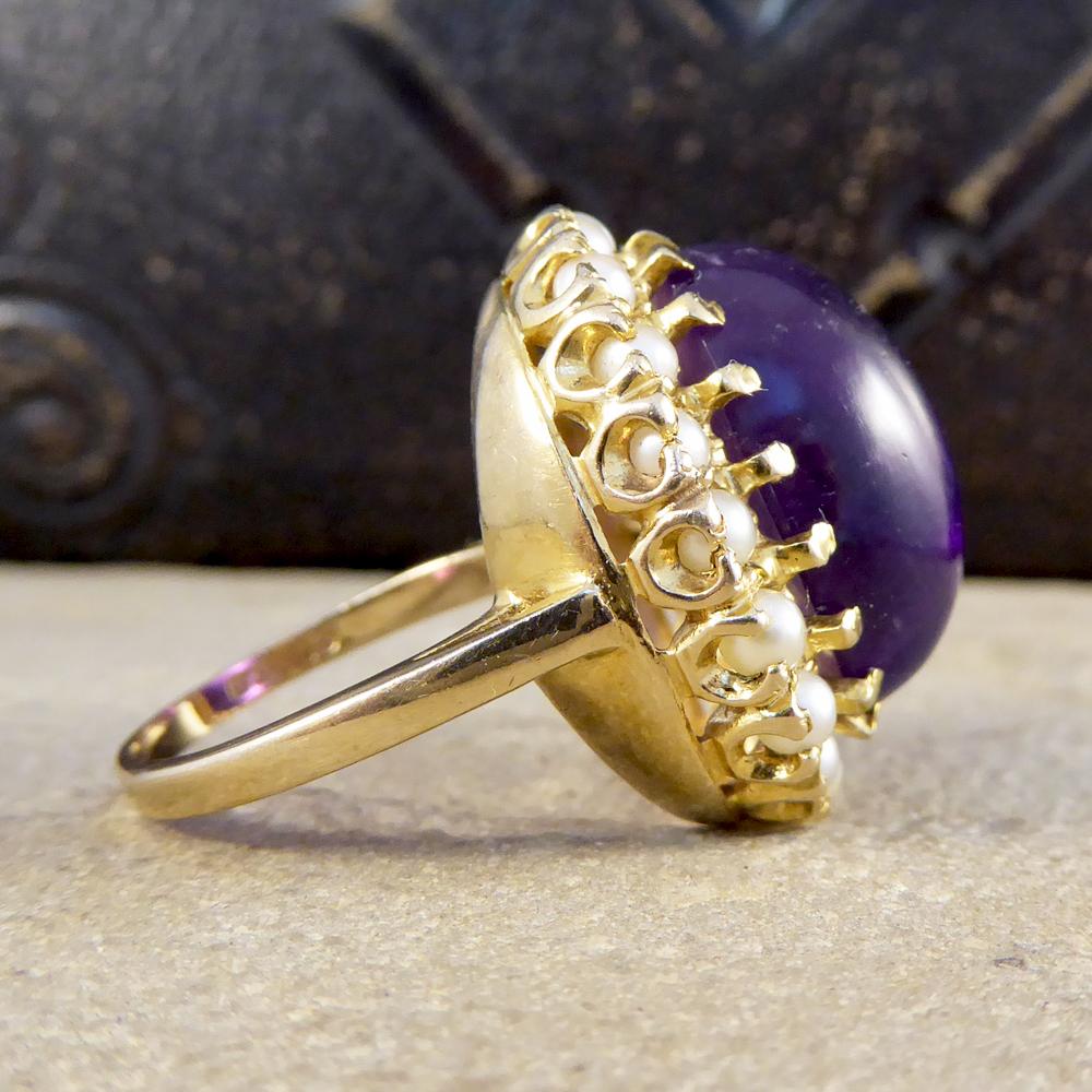 Retro 9 Carat Gold Cabochon Amethyst and Pearl Surround Ring