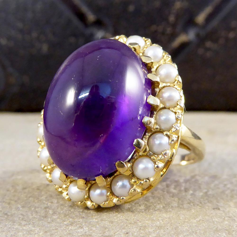 Women's or Men's 9 Carat Gold Cabochon Amethyst and Pearl Surround Ring