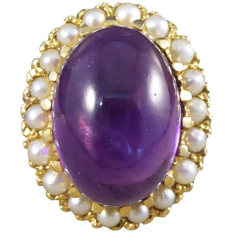 9 Carat Gold Cabochon Amethyst and Pearl Surround Ring