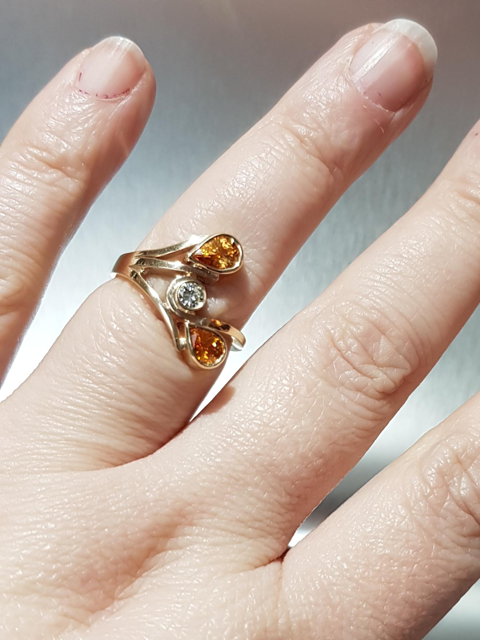 Pear Cut 9 Karat Gold Light Orange Sapphire and Diamond Cocktail Ring For Sale