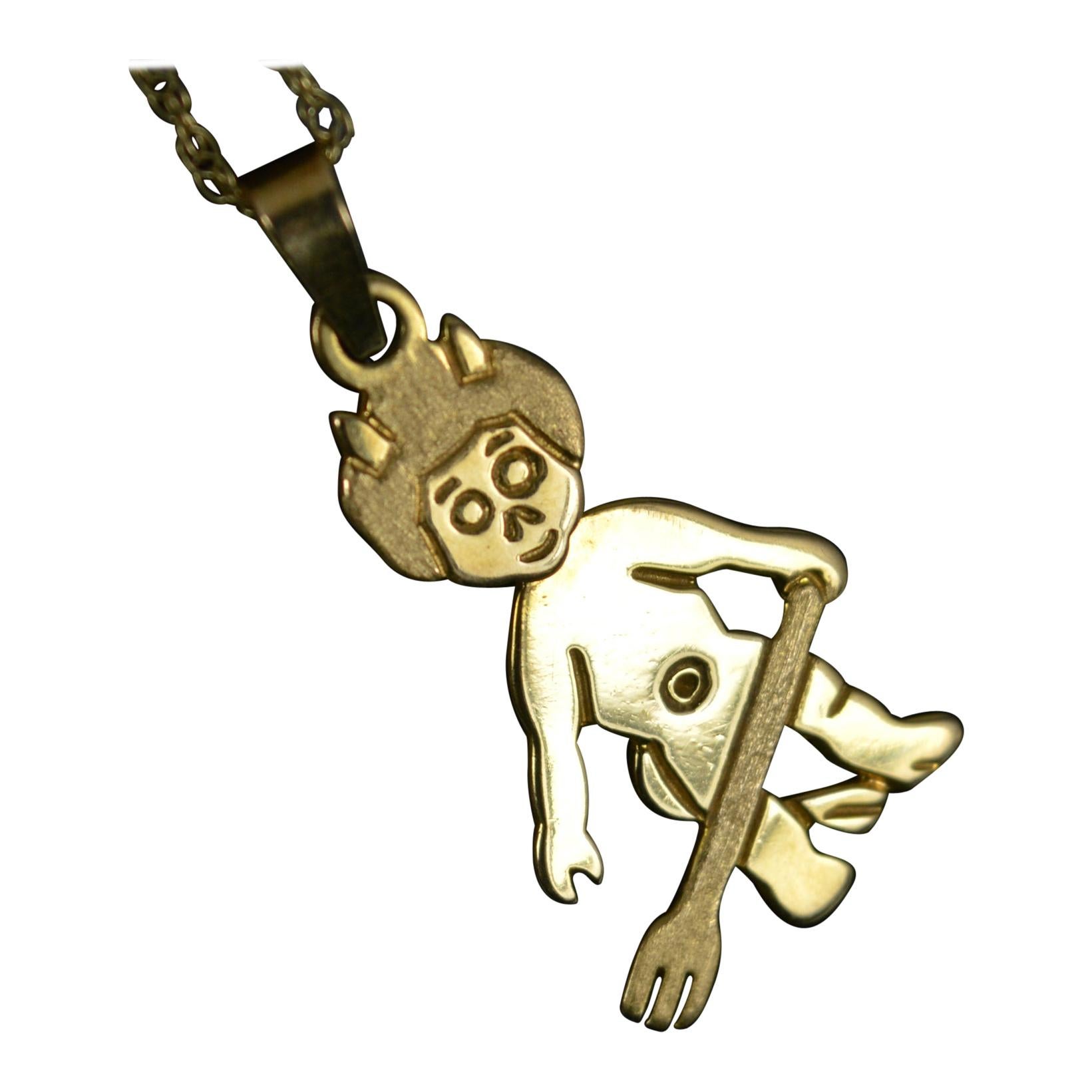 9 Carat Gold Little Devil Pendant & Chain with Swivel Head For Sale
