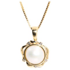 9 Carat Gold White Mabe Pearl and Diamond Enhancer Pendant with 9 Carat Chain