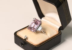 9 Carat Kunzite Ring. Emerald Cut Natural Kunzite 0.70TWC Diamond Ring Platinum