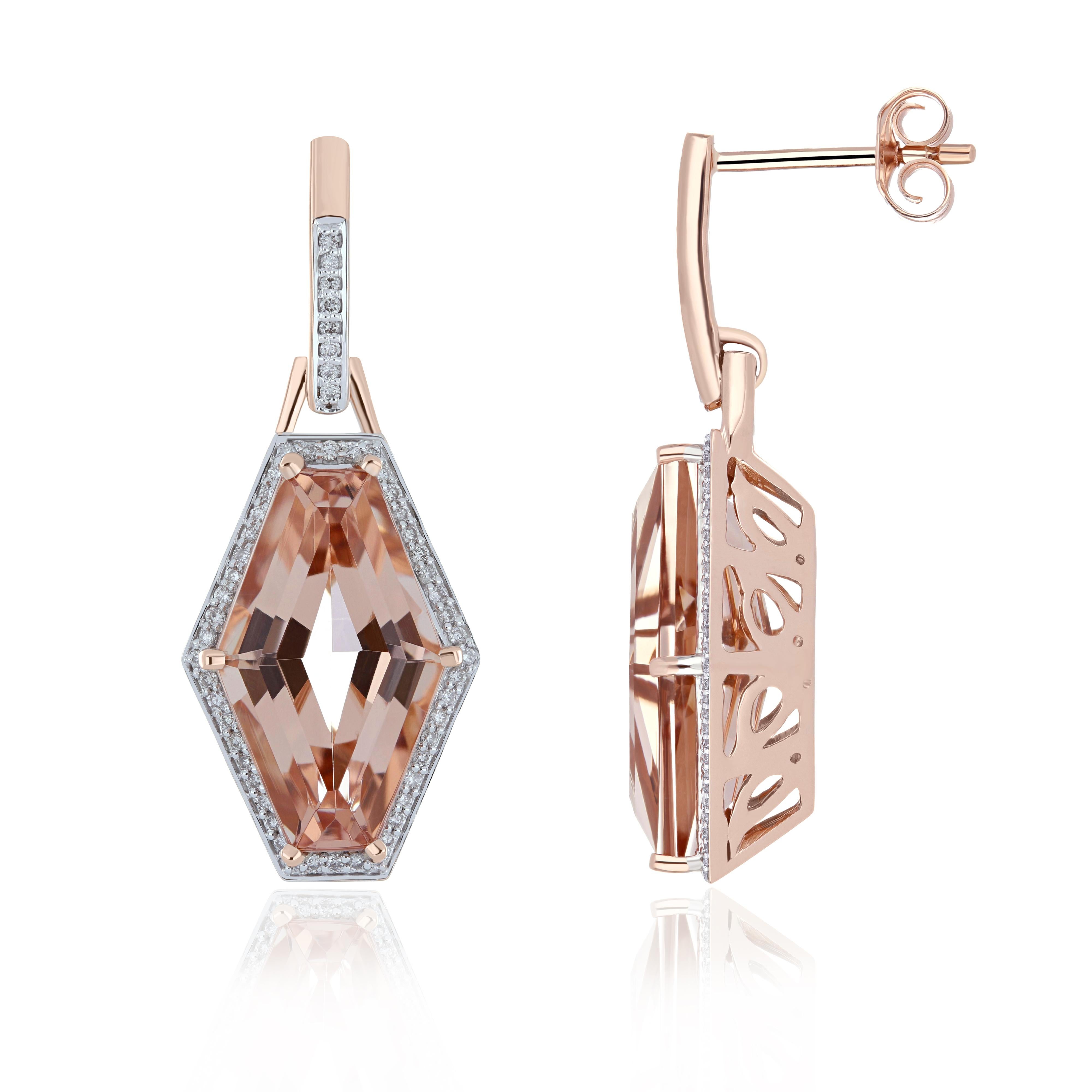 Elegant and exquisitely detailed Cocktail 14K dangle Earrings, center set with exclusively hand cut 9.9 Cts. (approx.) Fancy Hexagon Morganite. Surrounded with Diamonds, weighing approx. 0.3 ct. Beautifully Hand crafted in 14 Karat Rose Gold.

Stone