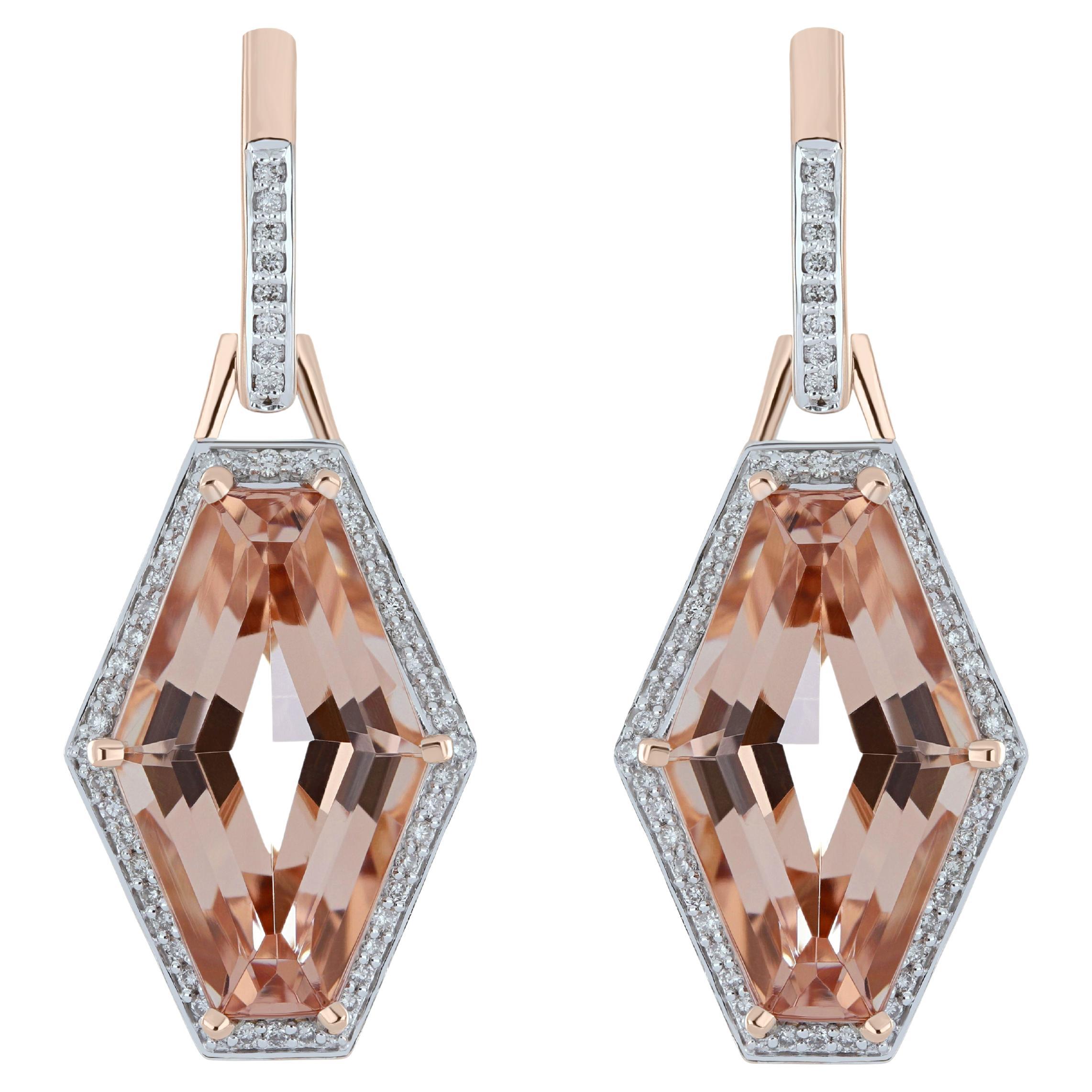 9 Carat Morganite Earrings with Diamonds in 14 Karat Rose Gold handcraft jewelry For Sale