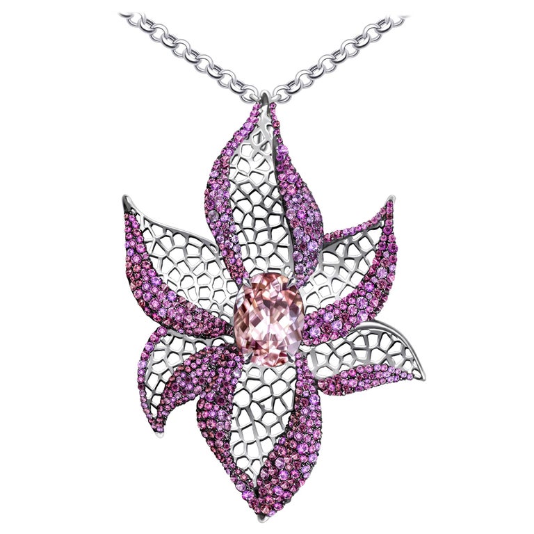 9 Carat Morganite Pink Sapphire 18 Karat White Gold Flower Pendant Necklace For At 1stdibs - Pink Sapphire Flower Pendant Necklace
