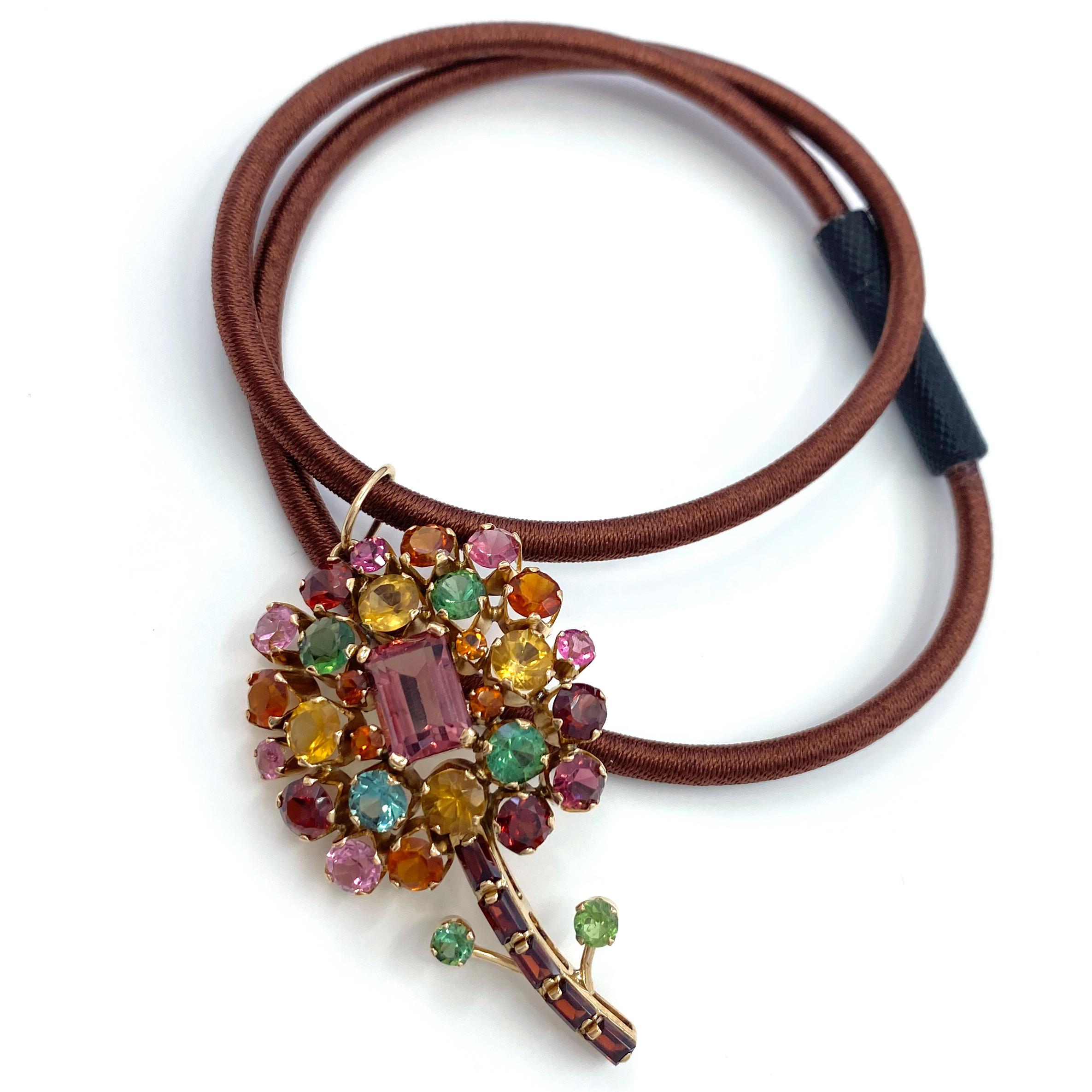 Retro Flower Pendant in Yellow Gold with Nine Carats of Tourmaline, Garnet & Citrine For Sale