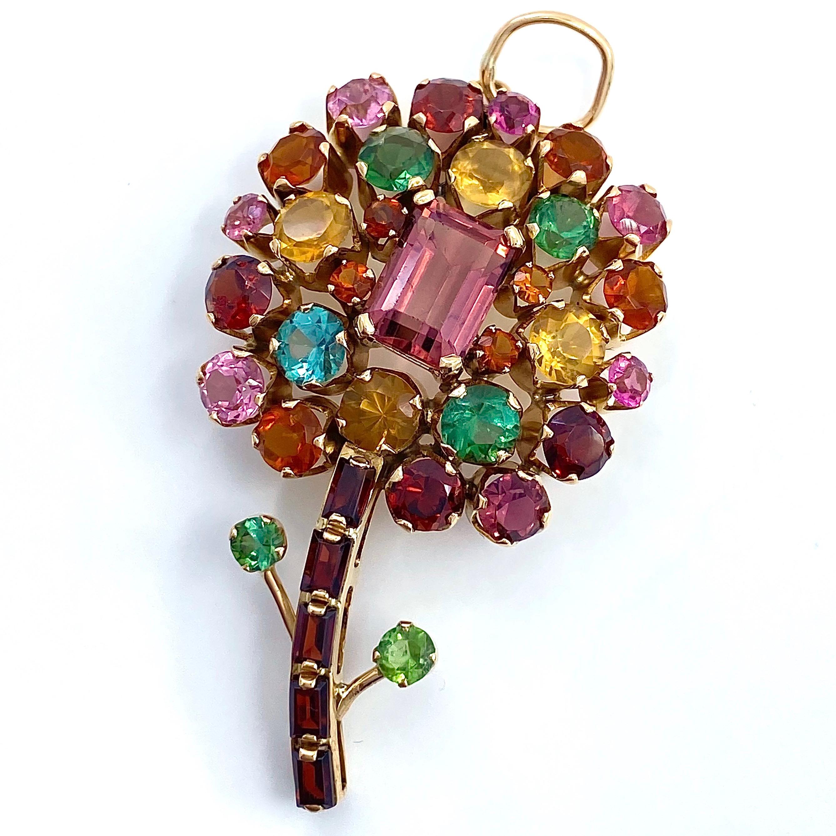 Mixed Cut Flower Pendant in Yellow Gold with Nine Carats of Tourmaline, Garnet & Citrine For Sale