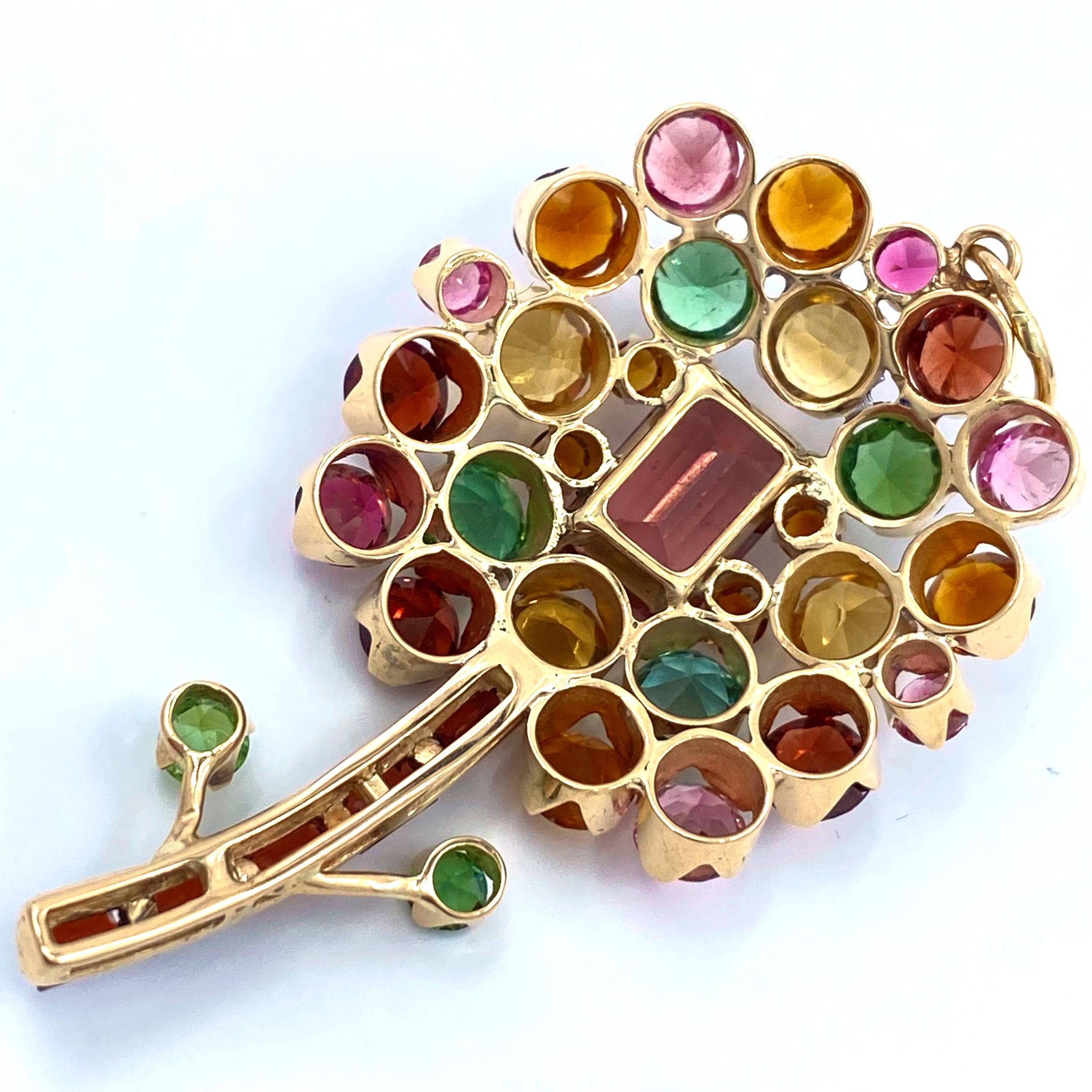 Women's or Men's Flower Pendant in Yellow Gold with Nine Carats of Tourmaline, Garnet & Citrine For Sale