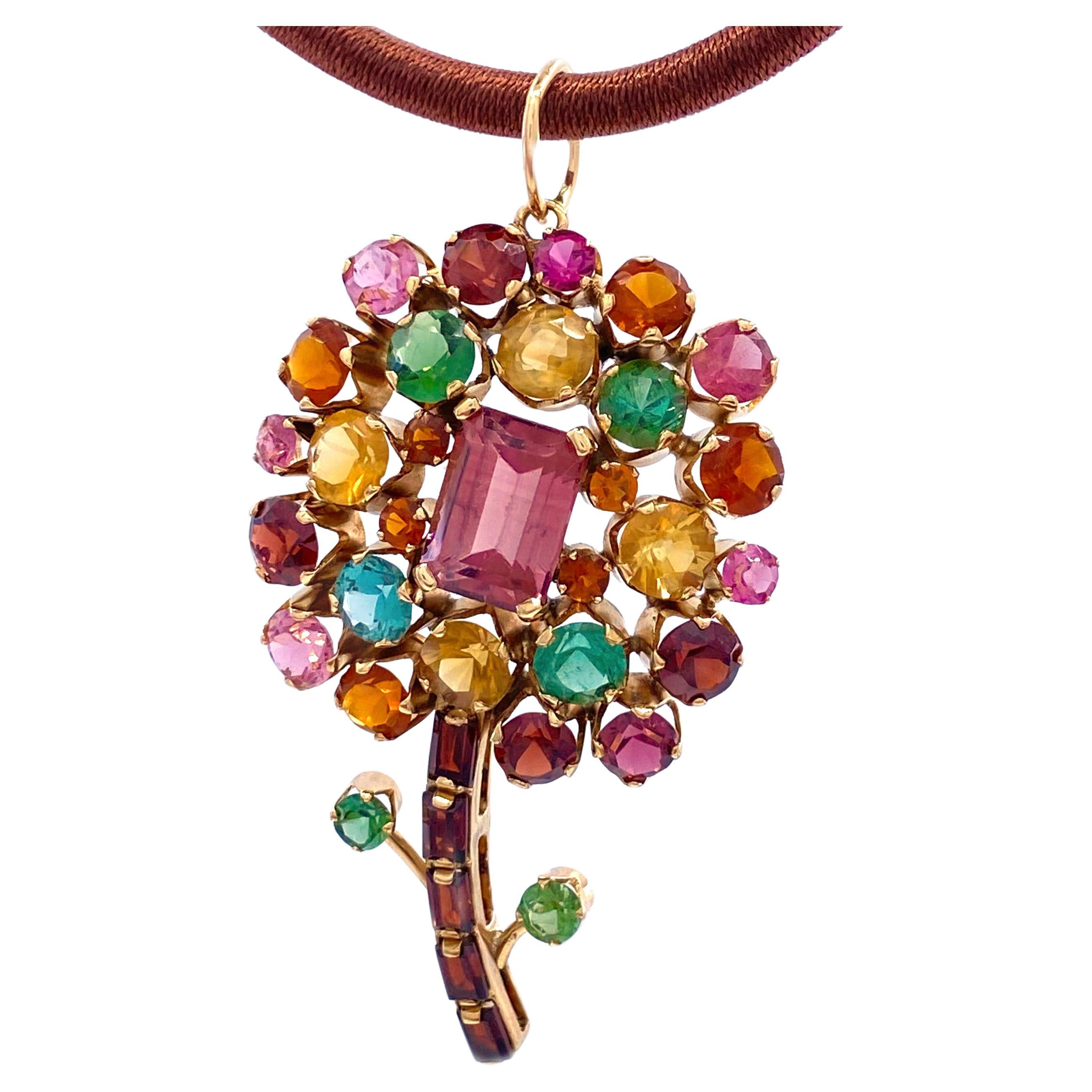 Flower Pendant in Yellow Gold with Nine Carats of Tourmaline, Garnet & Citrine For Sale