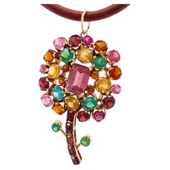 Vintage Flower Pendant in Yellow Gold with Nine Carats of Tourmaline, Garnet & Citrine
